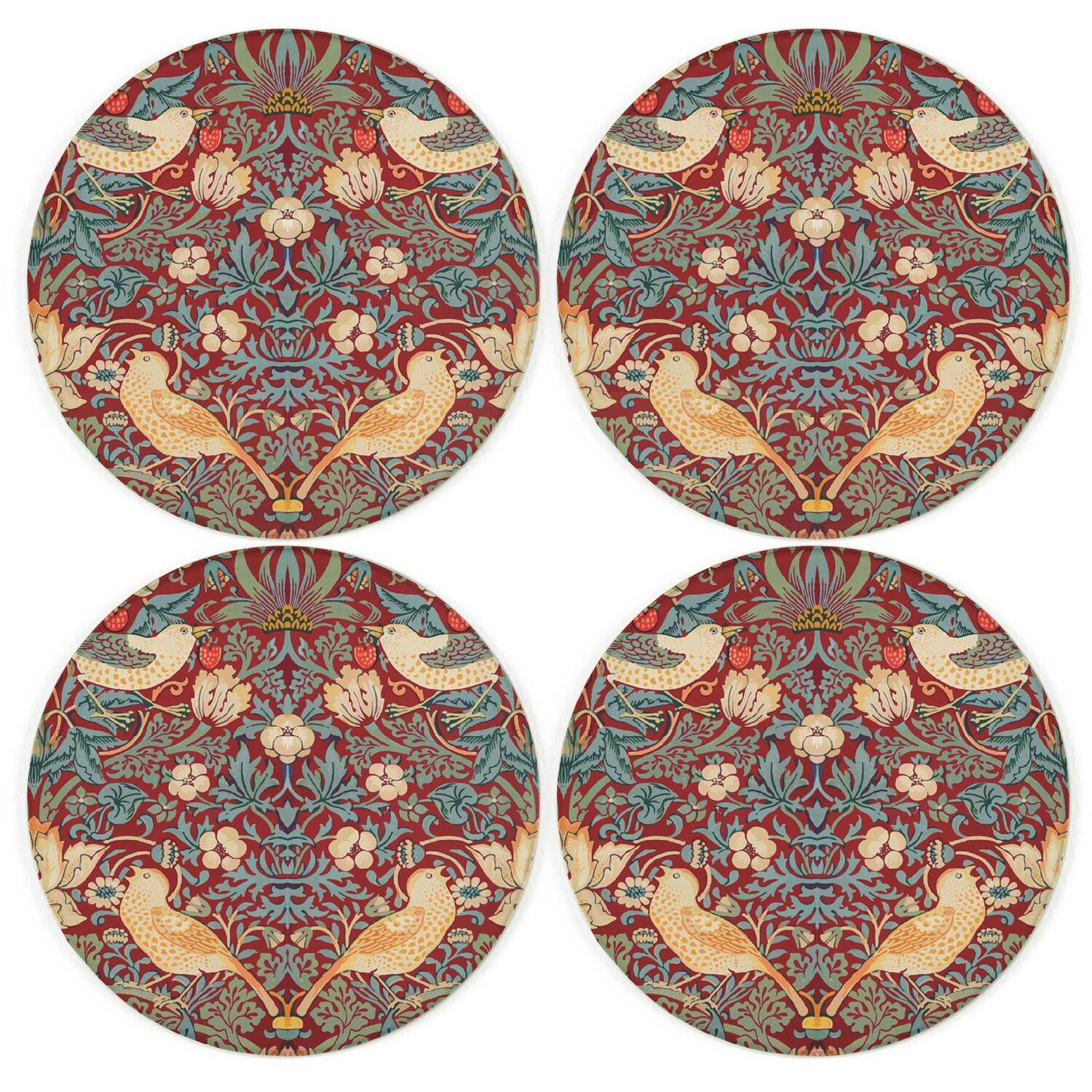 Red Strawberry Thief Glass Coaster Set - William Morris Artwork Gifts - Set of Four (4) Round Drinks Coasters - Image 3