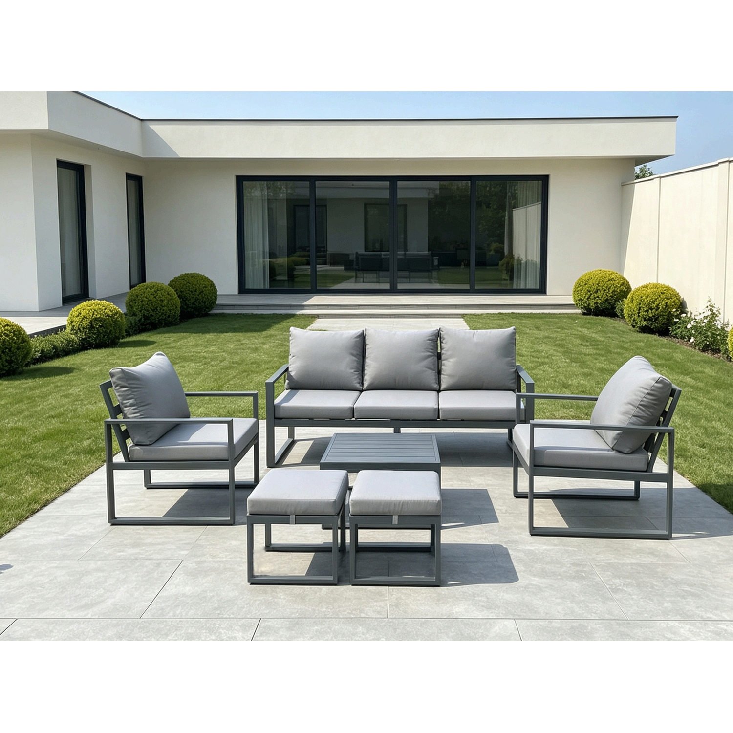 Fimous Dark/Grey Aluminium 7 Seater Outdoor Lounge Sofa Set Garden Furniture Sets With Square Coffee Table 2 Chairs 2 Small Footstools - Image 2