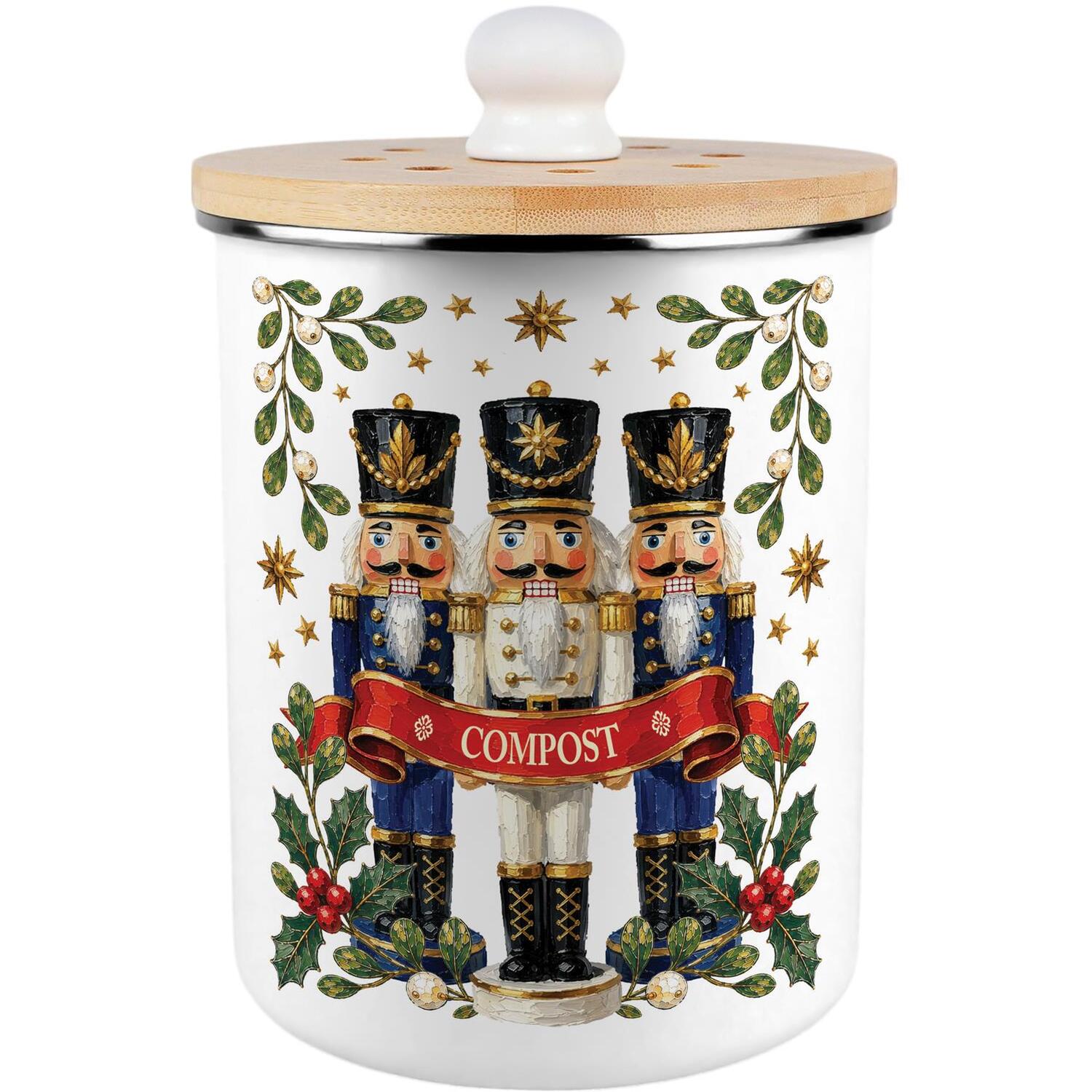 Purely Home Festive Nutcrackers Compost Caddy - Christmas Kitchen Food Waste Bin, 2L - Multicoloured