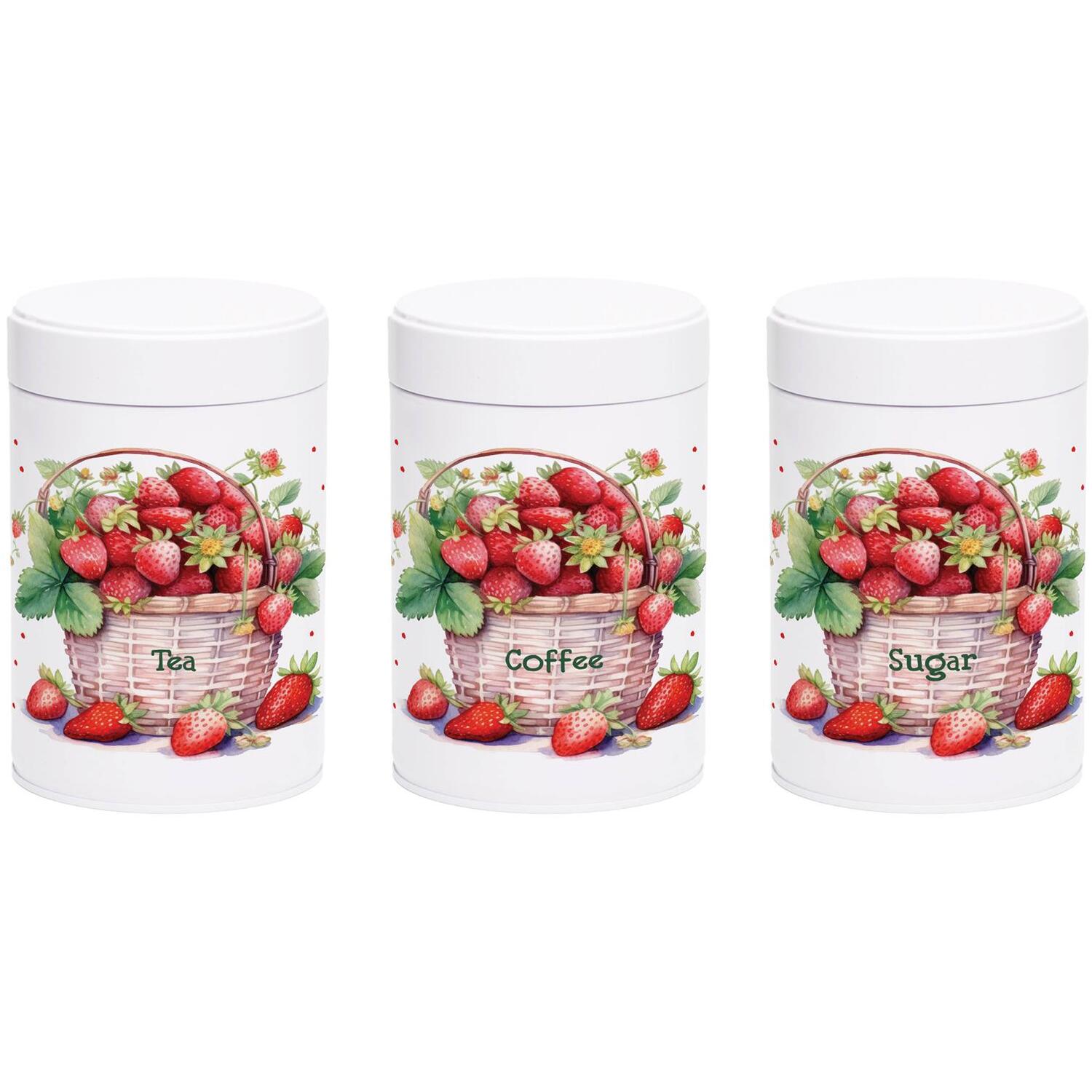 Purely Home Strawberry Basket Tea Coffee & Sugar Canister Set - White Metal Screw Top 750ml Kitchen Storage Tins Gift, Set of 3 - Image 3