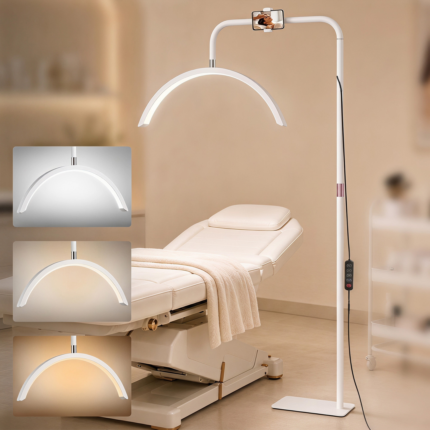 HOMCOM Half Moon Lash Floor Lamp, Adjustable LED Beauty Light for Aestheticians, White, 136-186 cm Height with Remote Control - Image 3