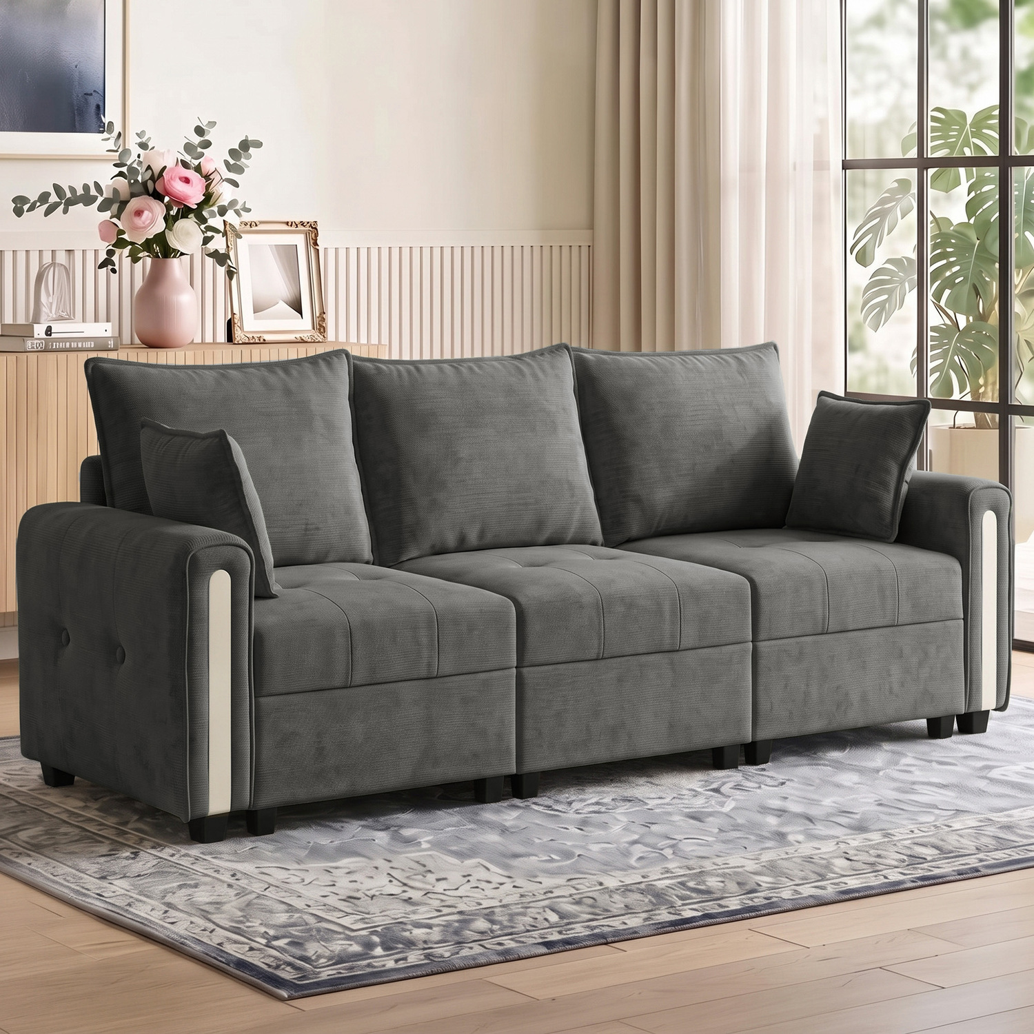 Homcom Unisex Dark Grey Sofa With Lift-Up Storage, 228 Cm Velvet Couch, Size 3 Seater - Image 2