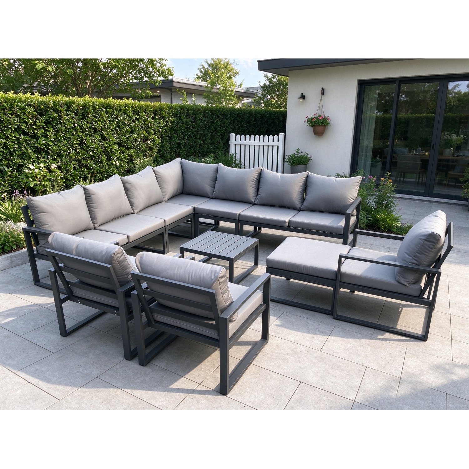 Fimous Dark/Grey Outdoor Garden Furniture Patio Lounge Corner Sofa Aluminium Set With Square Coffee Table Big Footstool 3 Chair - Image 2