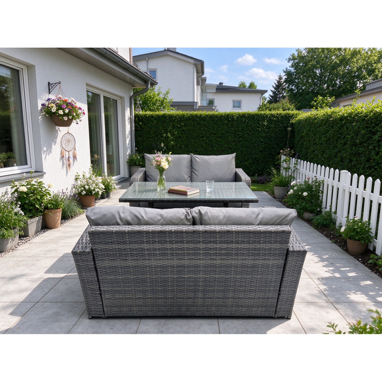 Rackhams Dark/Grey Outdoor Garden Furniture Sets 3 Pieces Wicker Rattan Furniture Sofa Sets With Rectangular Dining Table Love Sofa - Image 2
