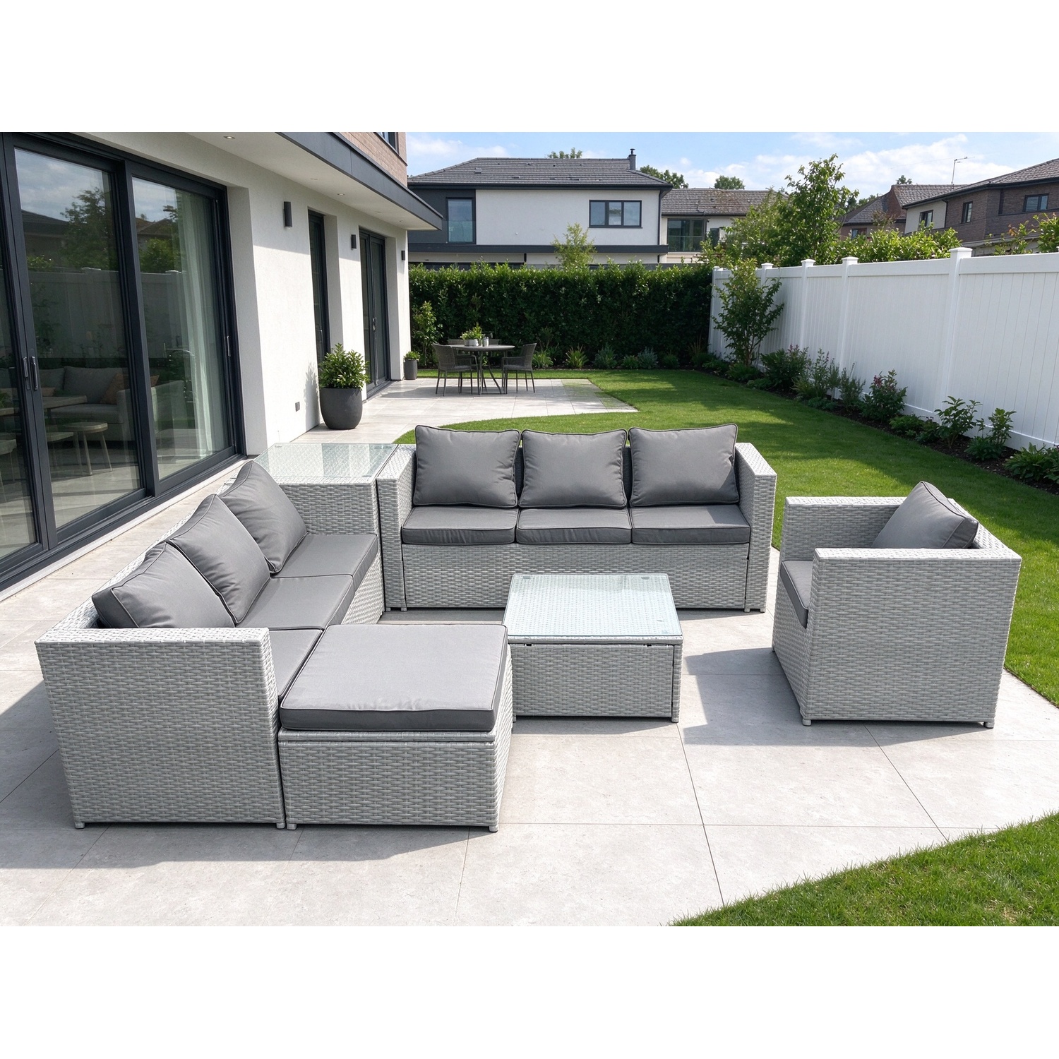 Fimous Wicker Pe Rattan Sofa Garden Furniture Set With Armchair Square Coffee Table Big Footstool Side Table Light Grey Mixed - Image 3
