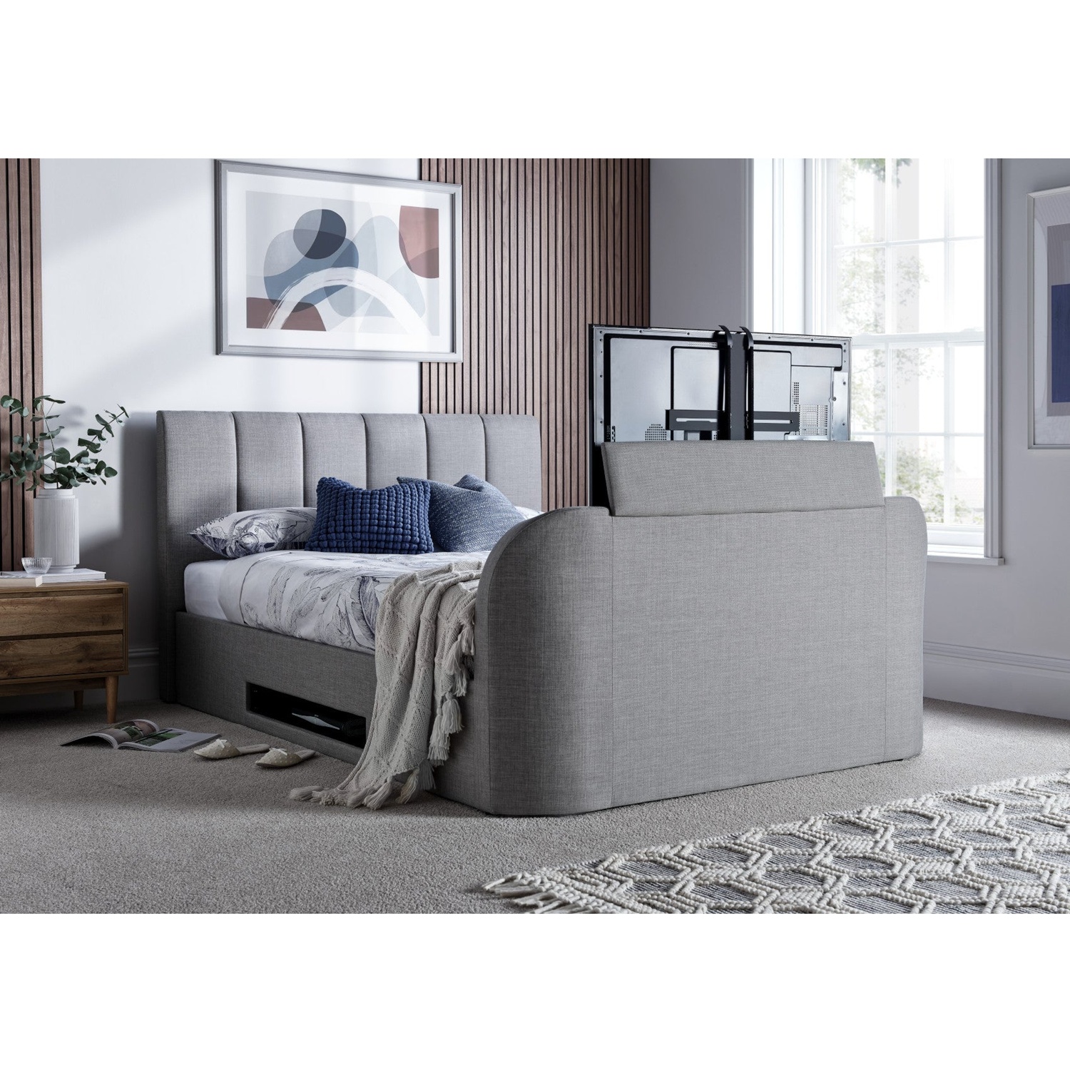 Time4sleep Fabric Superking Ottoman Bed Integrated Tv Feature With High Footend