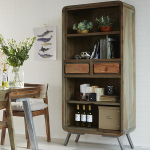 Retro Wood and Metal 2 Drawers Wide Bookcase