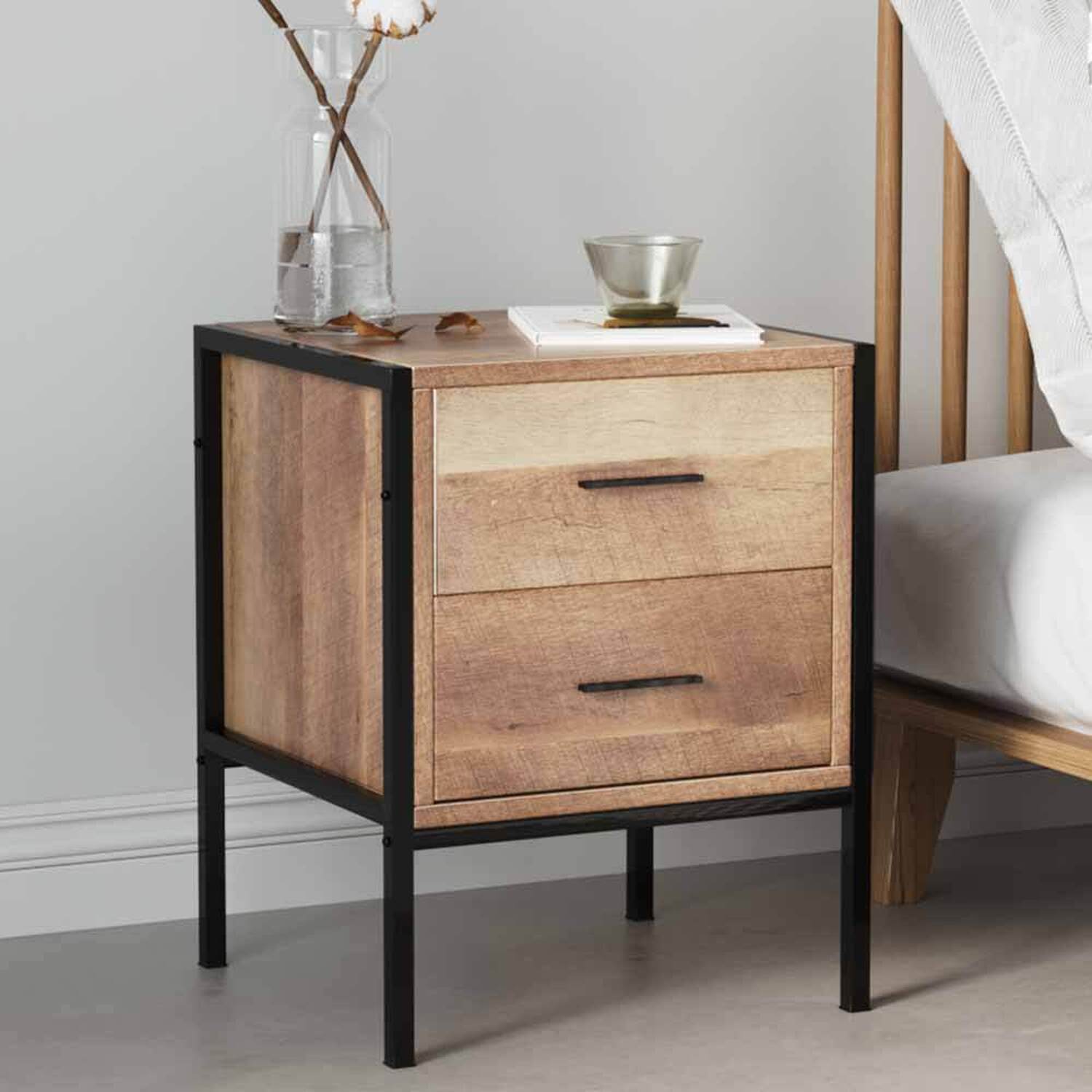 Livingandhome - Retro Sofa Bed Beside Table 2 Drawer Nightstand Storage Cabinet Bedroom - Brown thumbnail