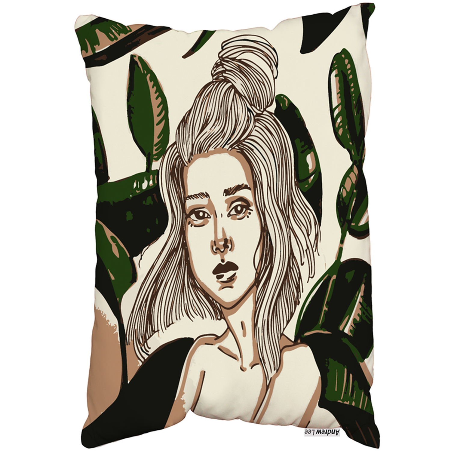 Young Woman In Tropical Leaves Outdoor Cushion - Green