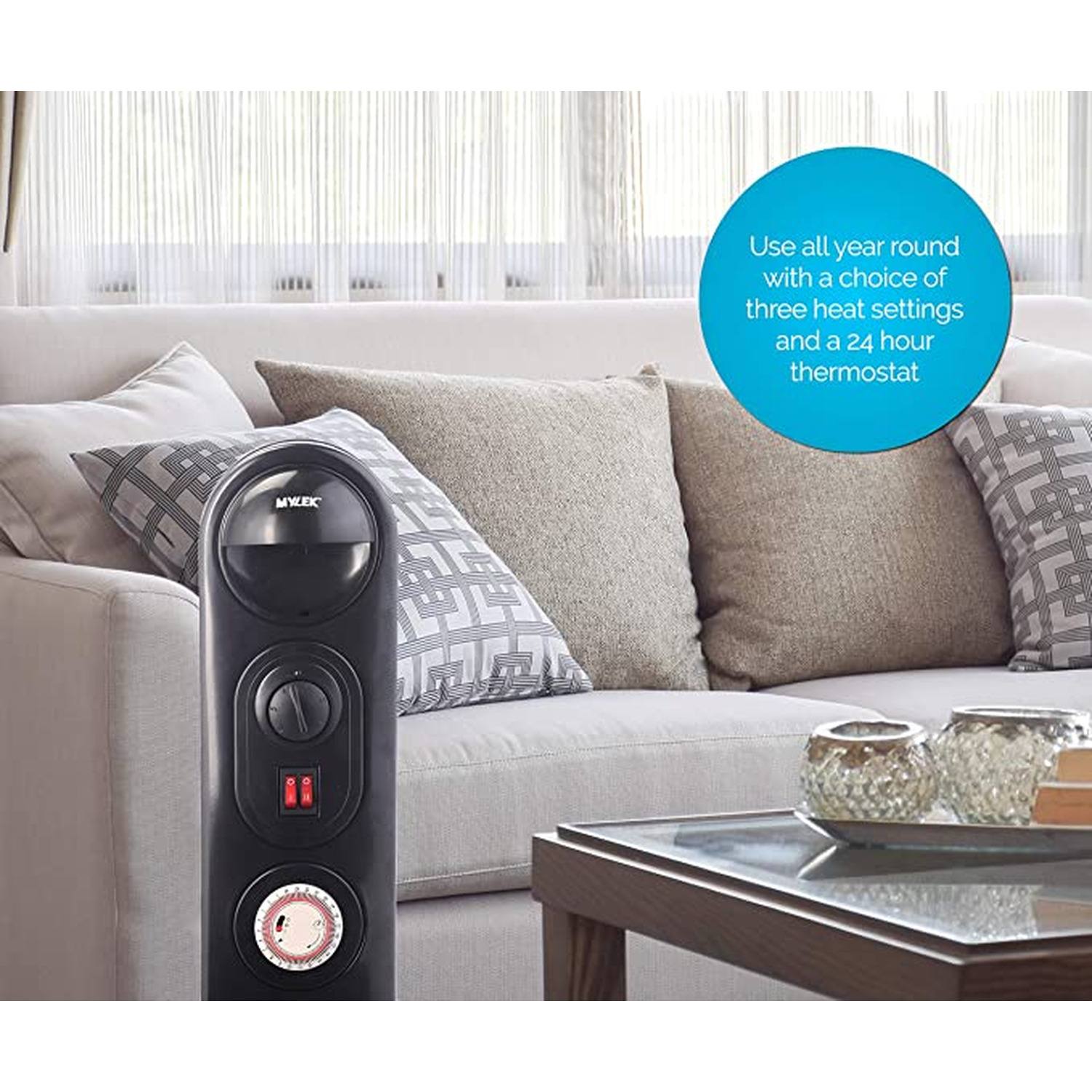 Oil Filled Radiator Electric Heater, Portable, Thermostat and 24hr Repeat  Timer