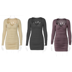 Deep V Neck Long Sleeve Slim Fit Dress
