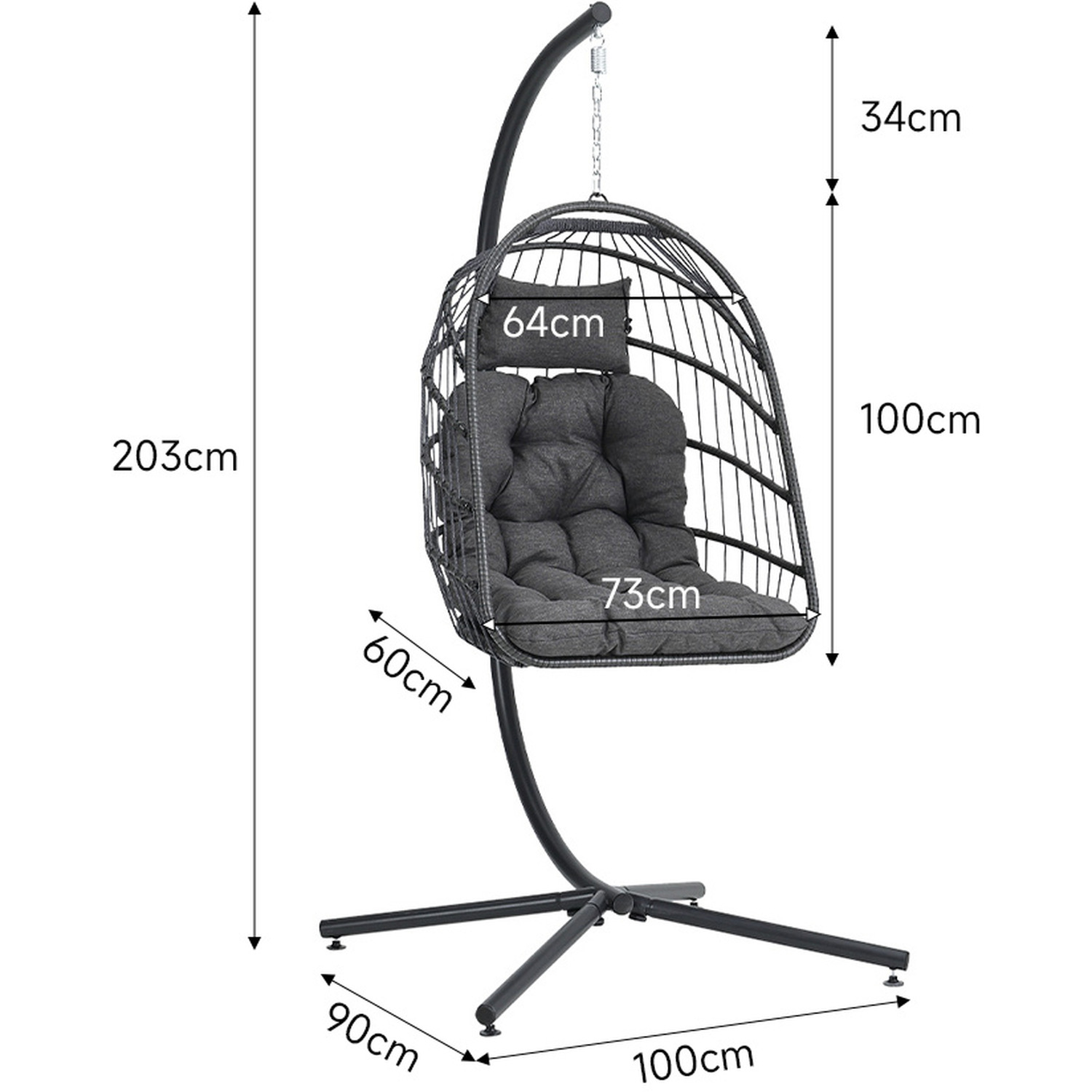 Garden Hanging Swing Egg Chair With Headrest Cushion - Dark Grey