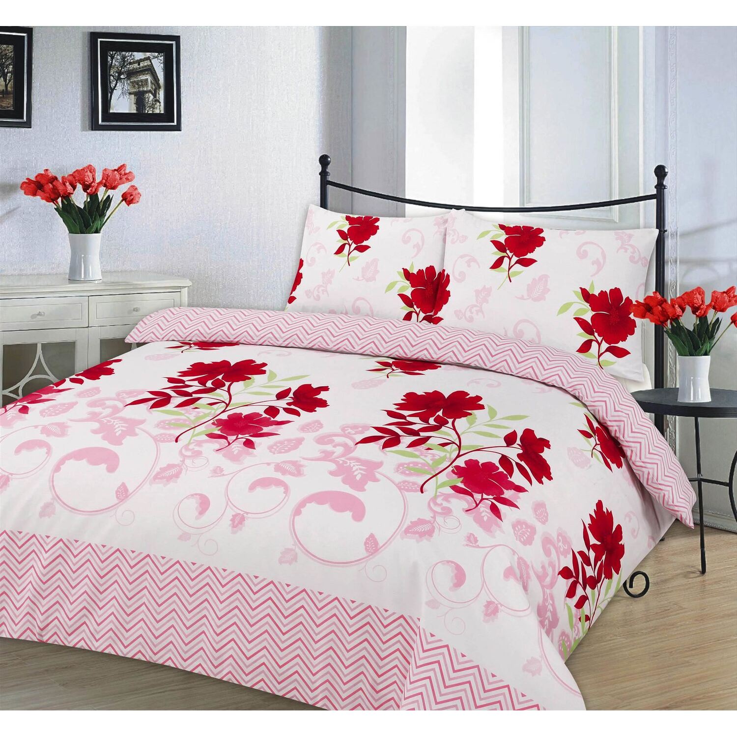 Bethany Floral Duvet Cover Set Reverisible Zig Zag Bedding - Red Single