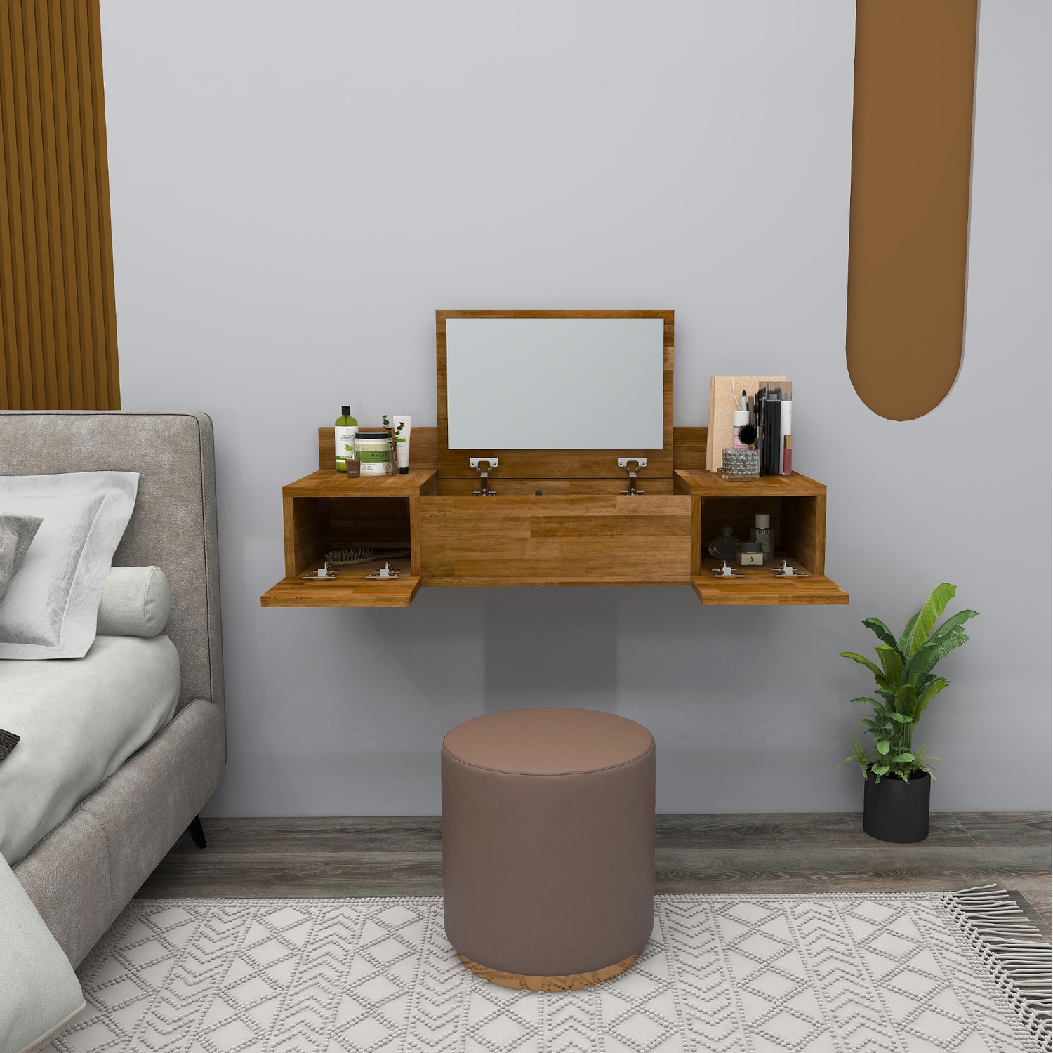 Solid Pine Wood Handmade Vanity Dressing Table With Mirror Beryl - Walnut