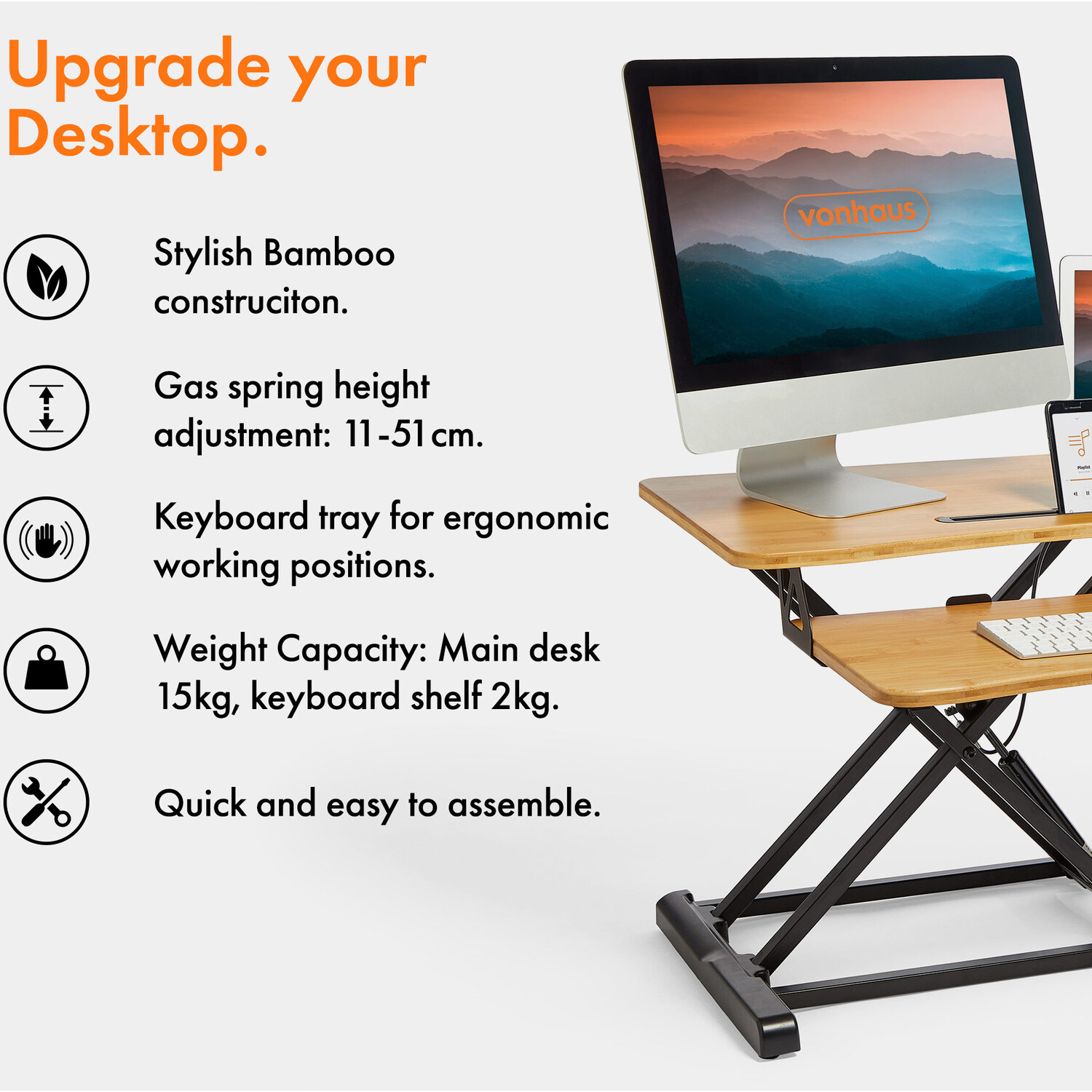 Height Adjustable Standing Desk Converter With Keyboard Shelf - Bamboo