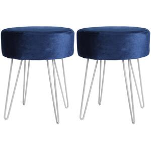2x Round Velvet Footstools - Silver Hairpin Legs