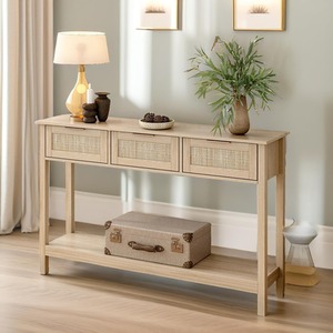 3 Drawer Wooden Rattan Console Table Hallway Furniture