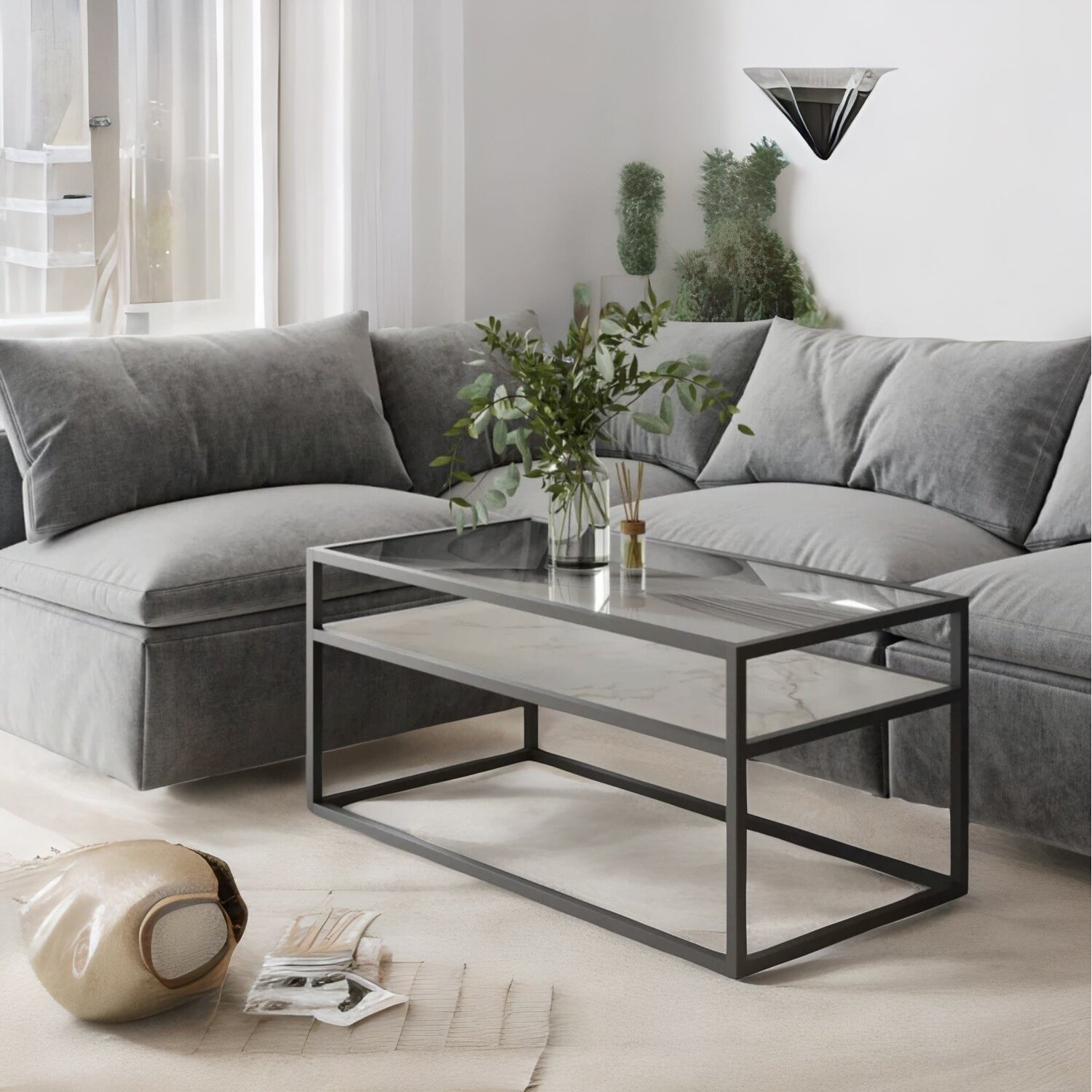 Glass Top Coffee Table With Steel Frame - White Stone White Stone
