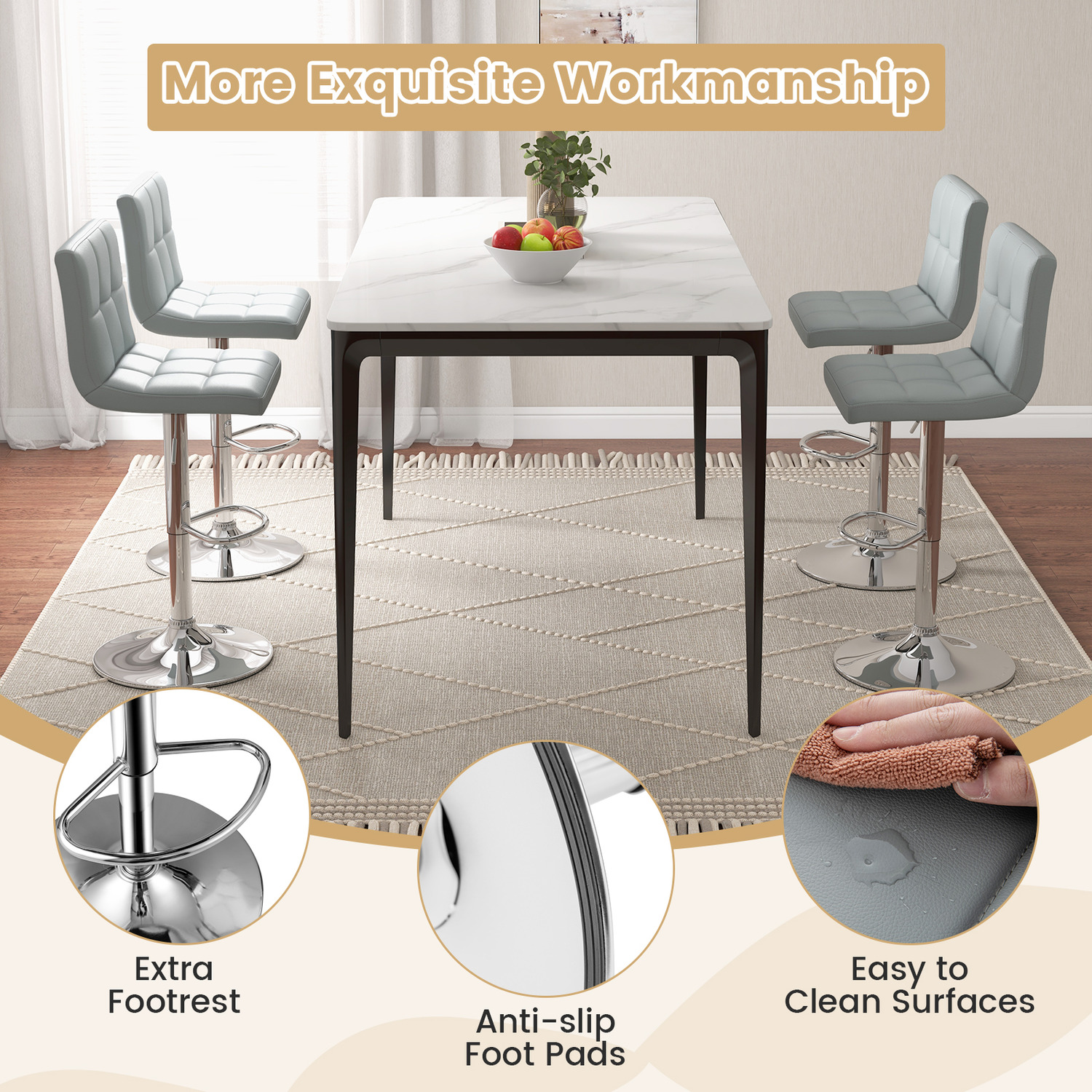 Set Of 2 Bar Stool Pu Leather Counter Height Chair - Grey