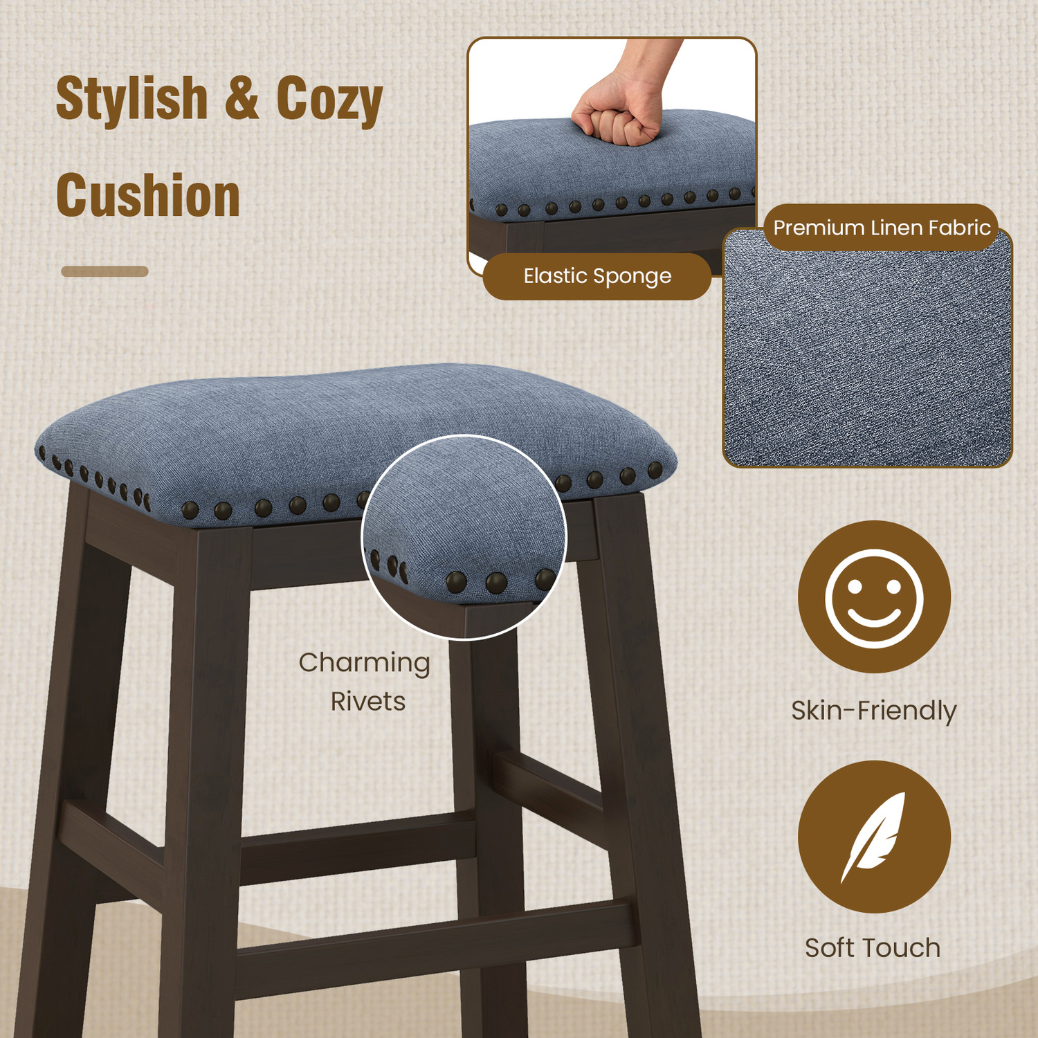 Set Of 2 Bar Stools Saddle Padded Seat Stool Counter Height Stools - Brown