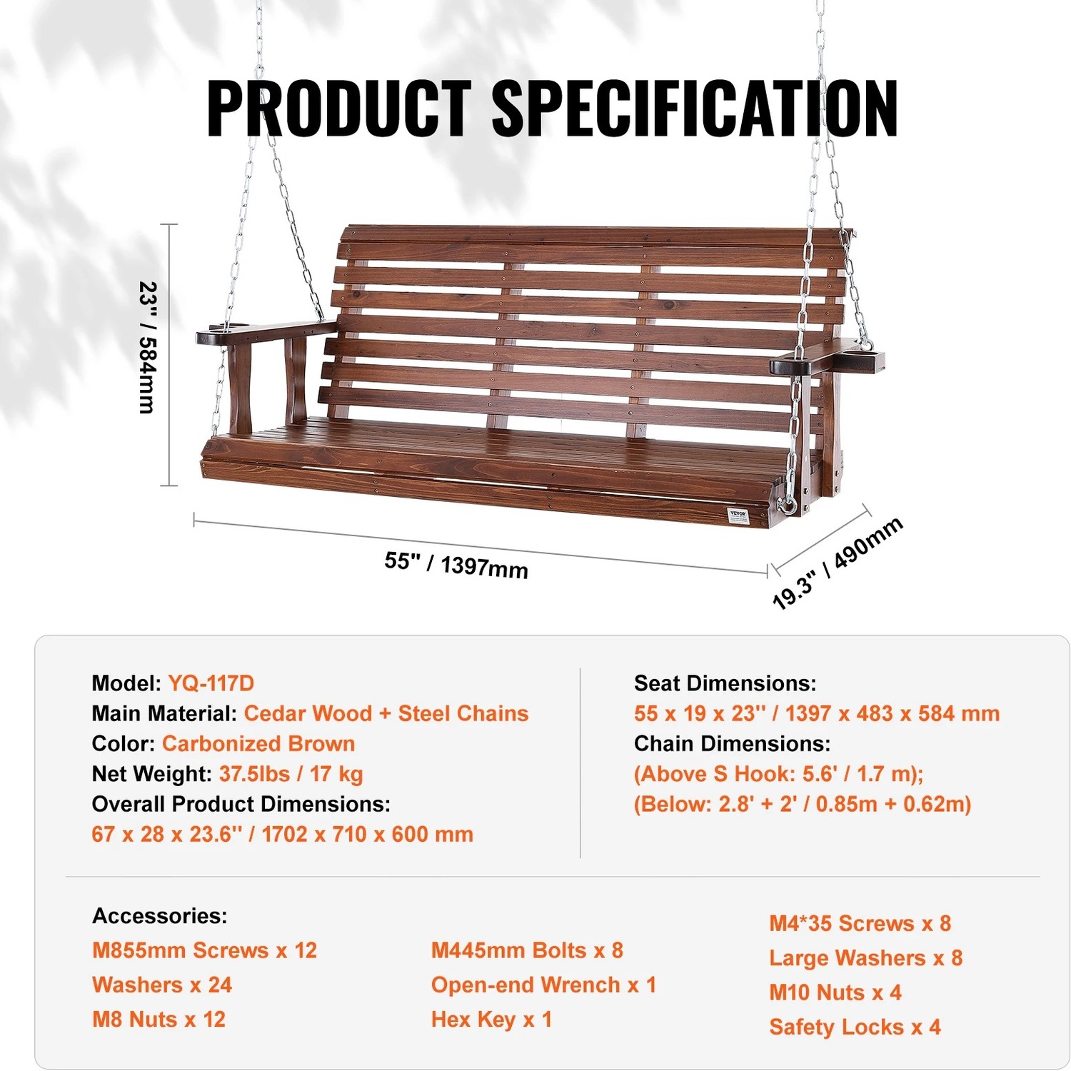 5ft Swing Chair Garden Bench - Brown