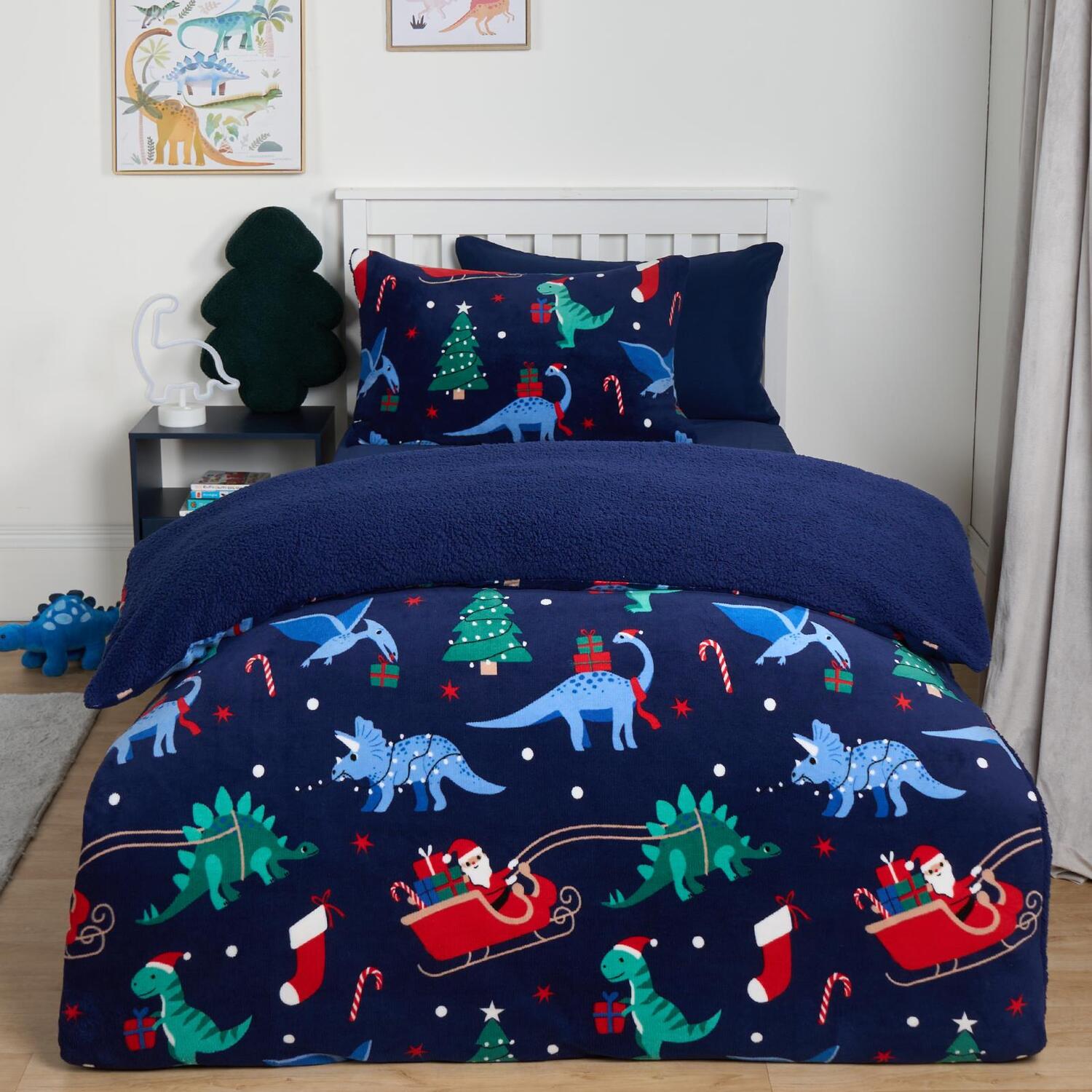 Christmas Dino Sherpa Duvet Set - Navy