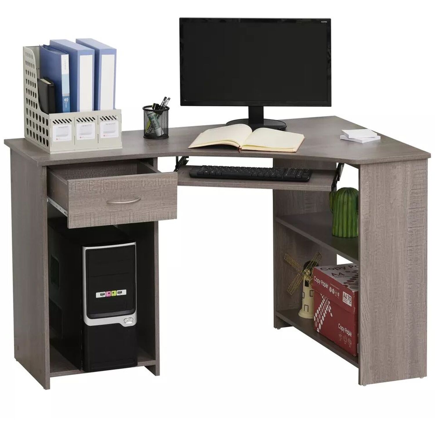 Corner Computer Desk With Drawer And Shelves - Grey