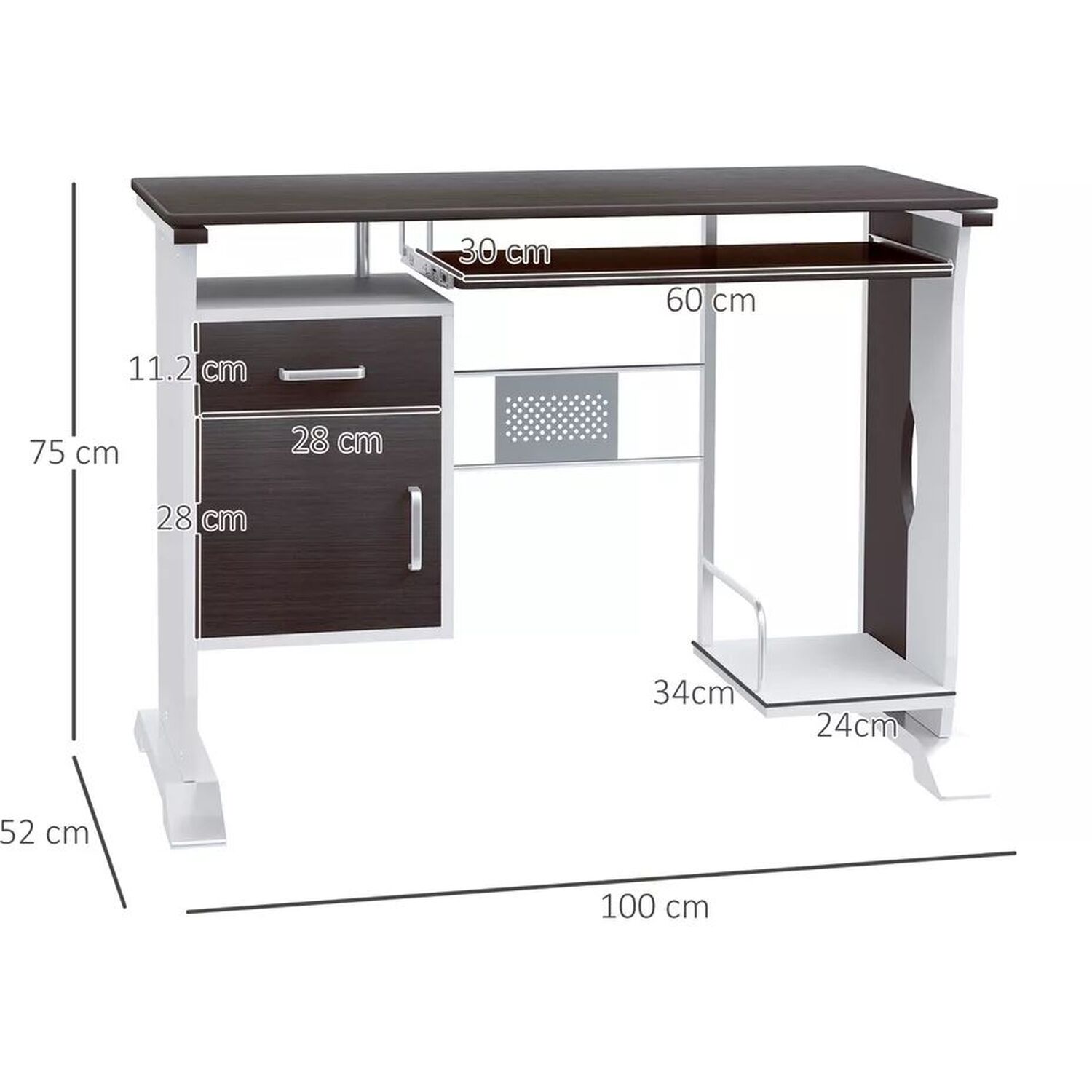 Modern Computer Desk With Drawers And Storage - Black And White 75cm