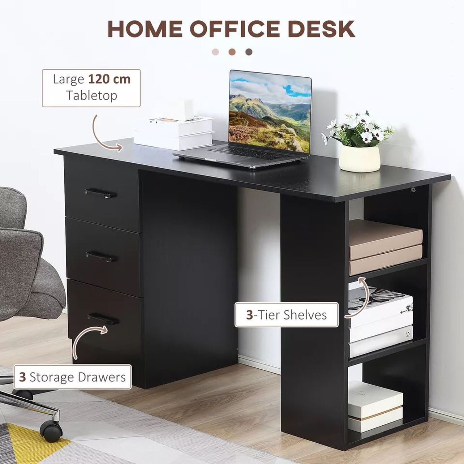 Industrial Computer Desk With Drawers - Black