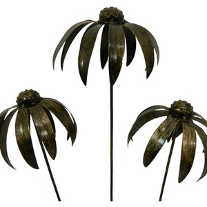 Set of 3 Metal Echinacea on 100cm stick Gold