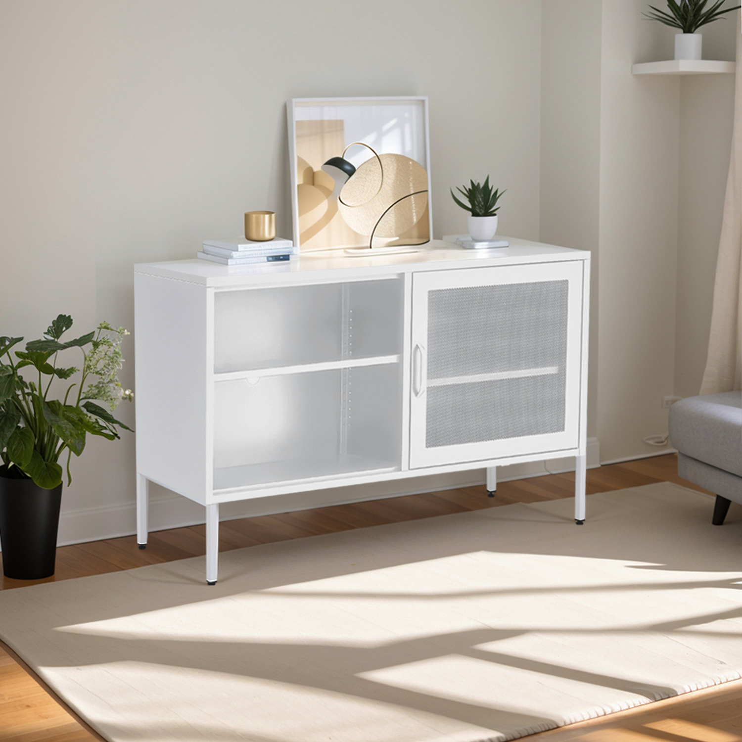 Display Cabinet with Adjustable Height Shelves and Tall Stand - White