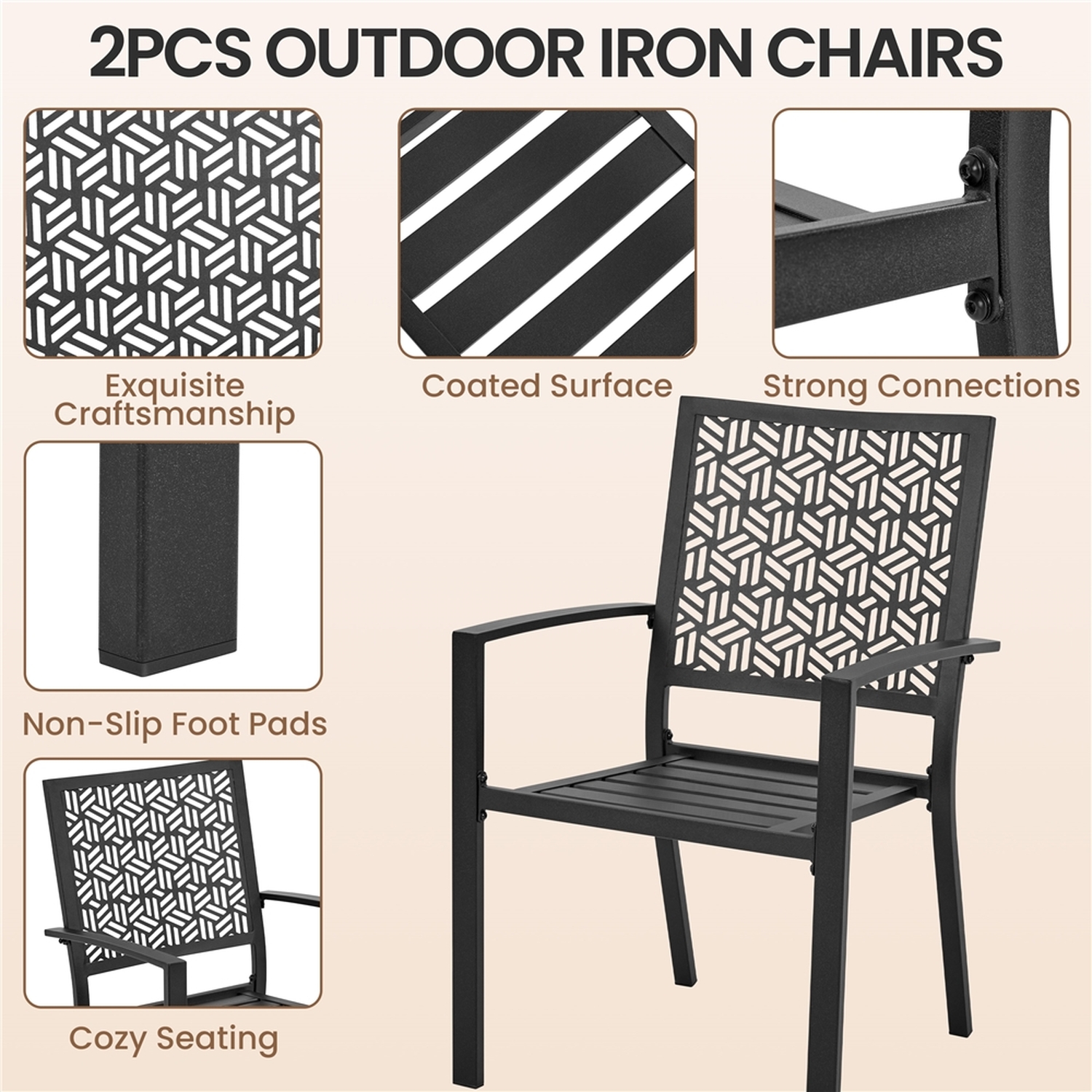 Set Of 2 Outdoor Garden Chairs With Slatted Seat - Black