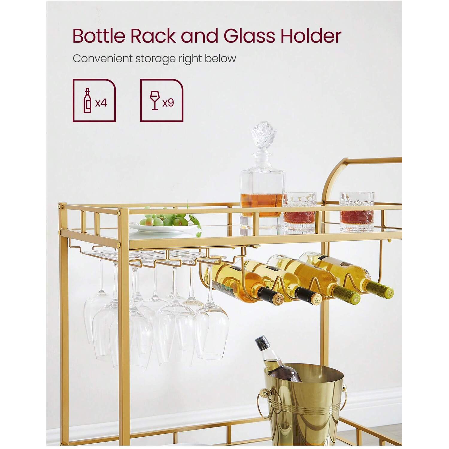 Vasagle Drinks Serving Trolley Cart With Mirrored Shelves - Gold