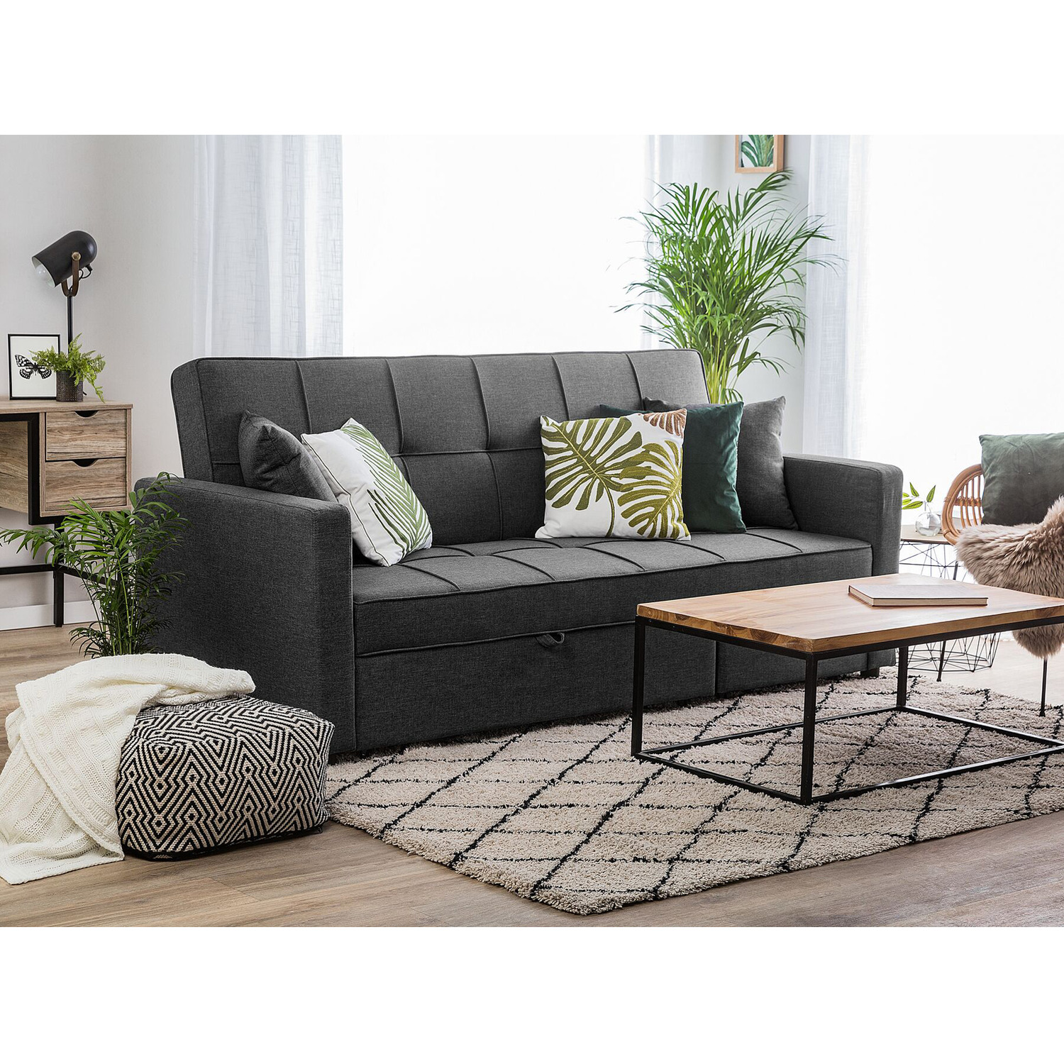 Martin Linen Fabric Reversible Footstool Sofa-bed - Dark Grey