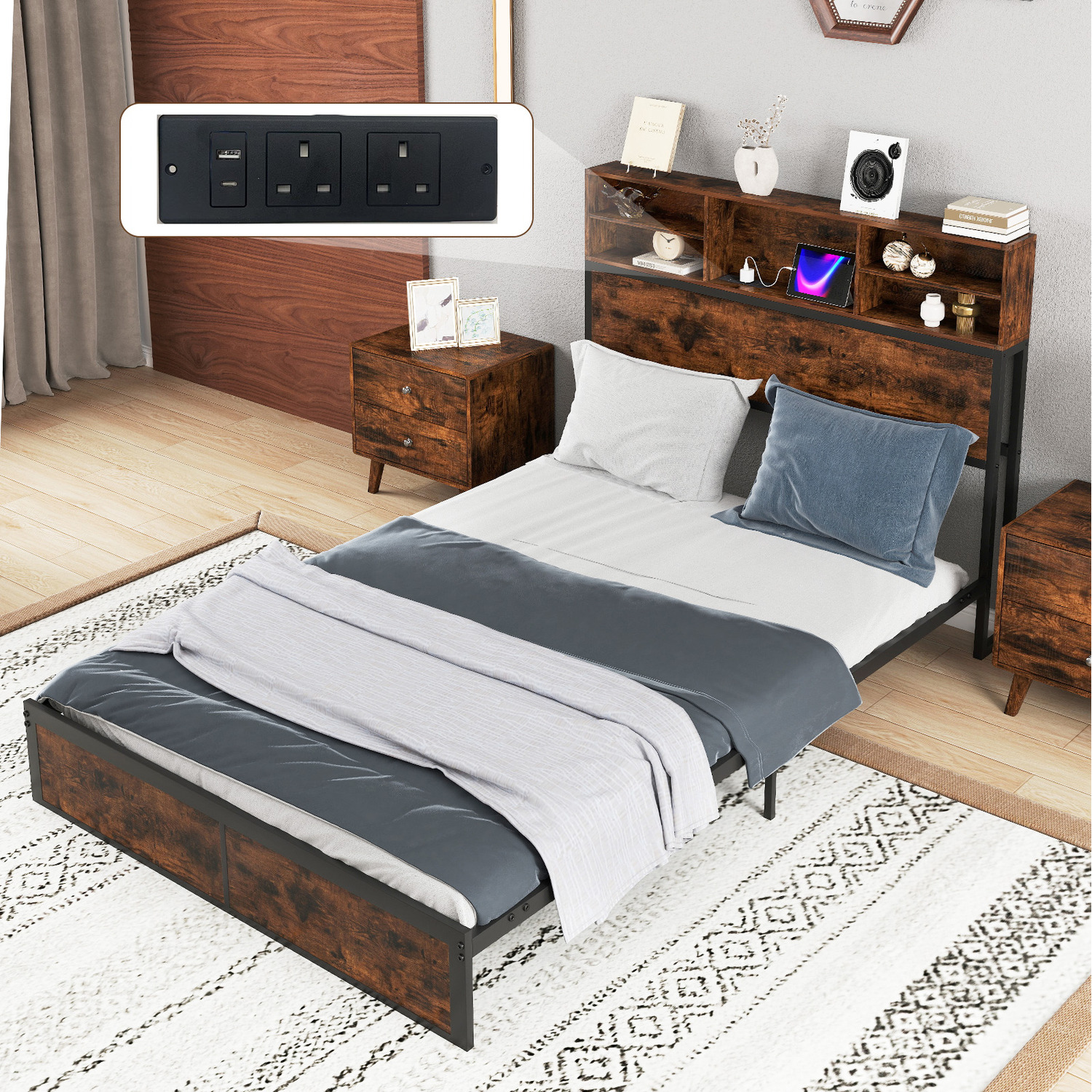 Industrial Metal Slats Support Platform Bed Base - Brown