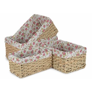 Thatch Grass Woven Storage Basket with Garden Rose Cotton Lining