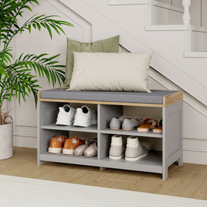 Shoe Storage Bench with Padded Seat and 4 Open Storage Shelves
