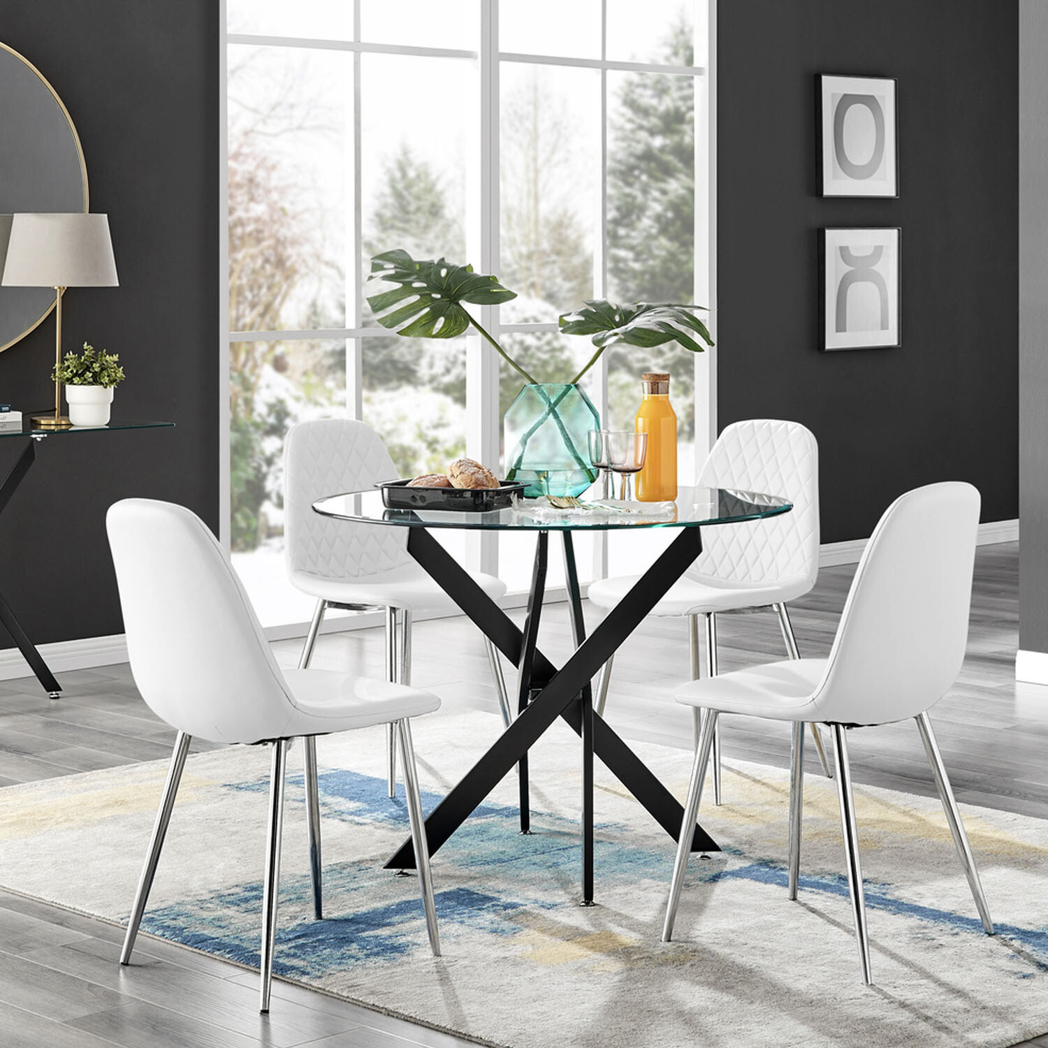 Novara Round Glass Dining Table With Four Corona Silver Chairs - White