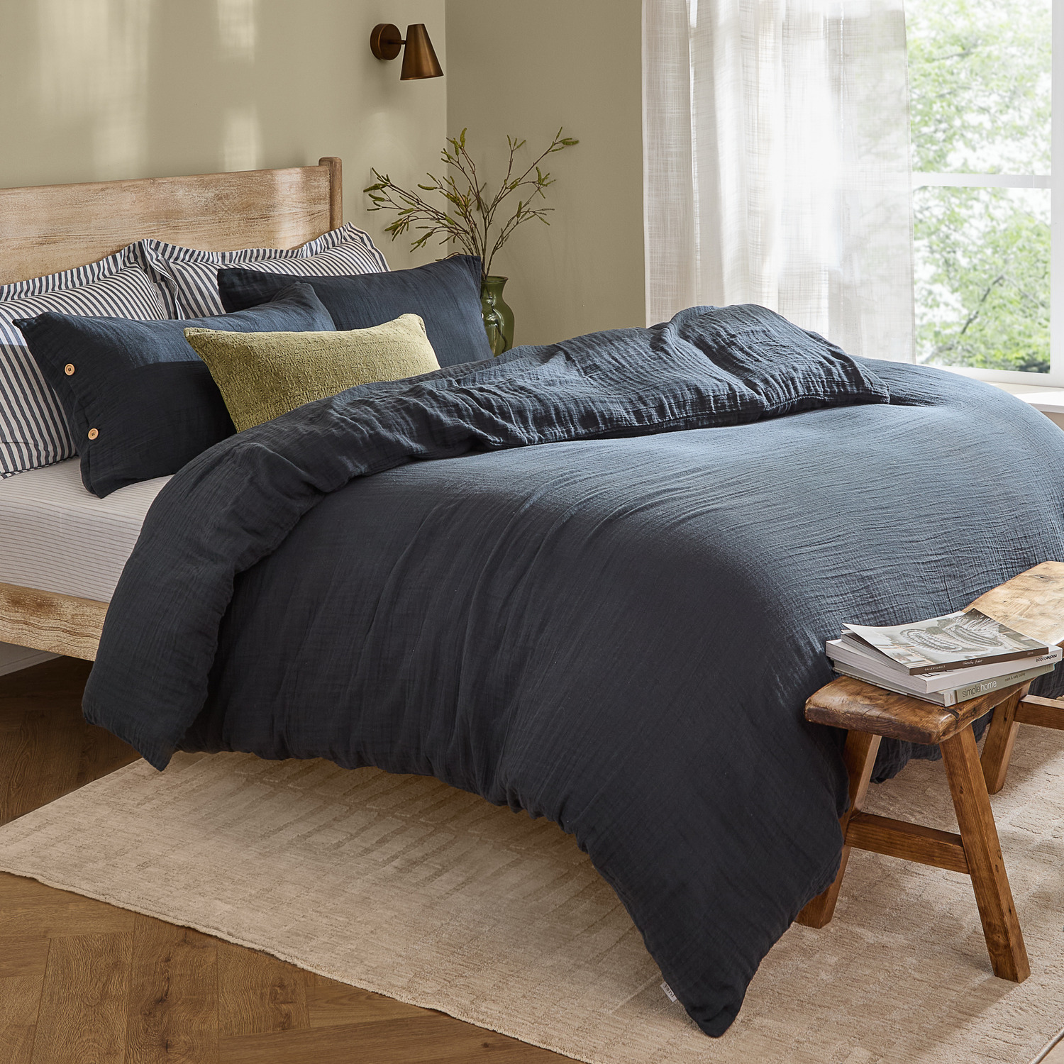 Lark Muslin Cotton Duvet Cover Set - Navy Single