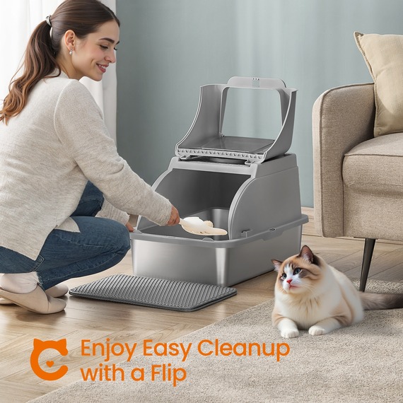 Feandrea Stainless Steel Cat Litter Box with Flip Lid, XL Leak-Proof Litter Box