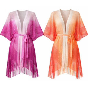 Women Mesh Kimono Cover Up with Belt Fringe Beachwear