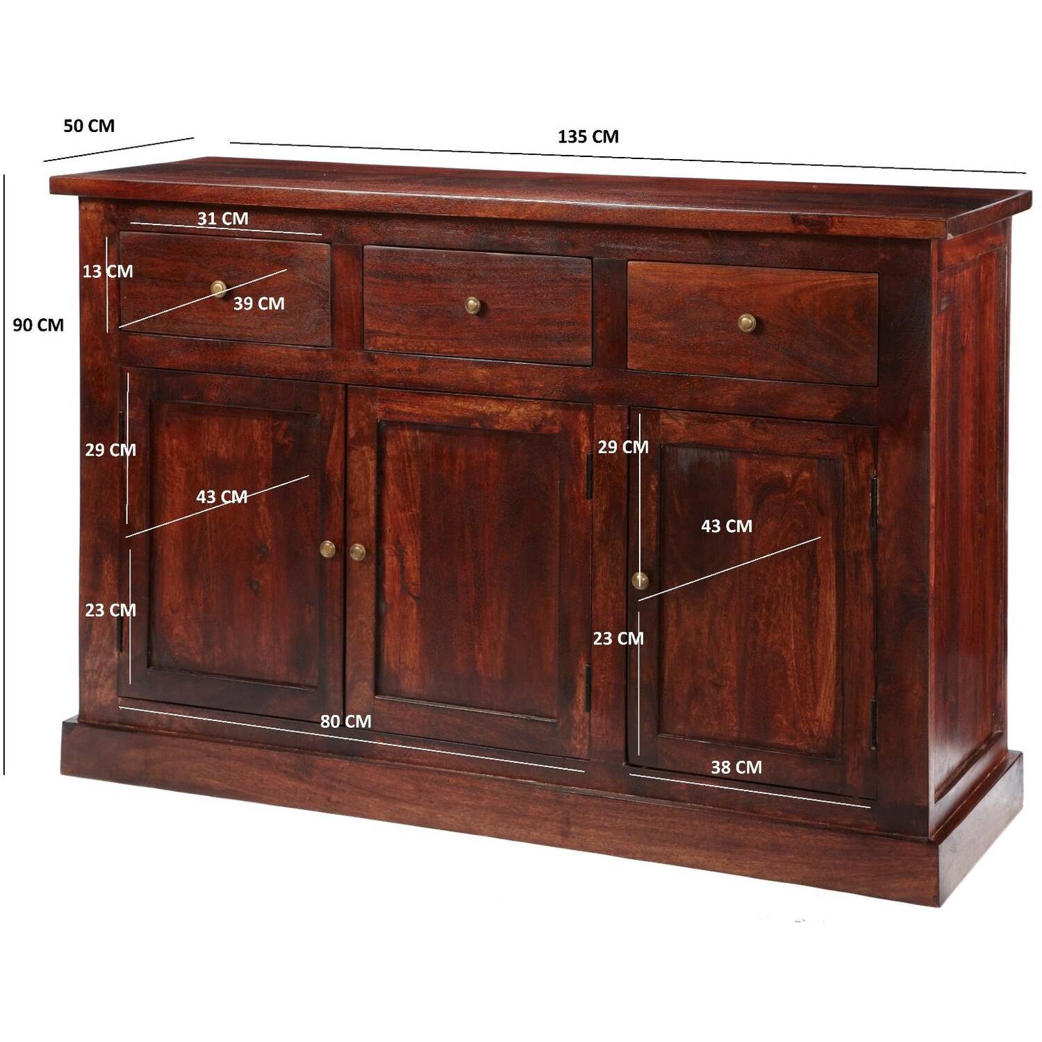 Wyld Haus Oxford Mahogany Mango Wood Sideboard, 3 Drawers 3 Doors - Brown