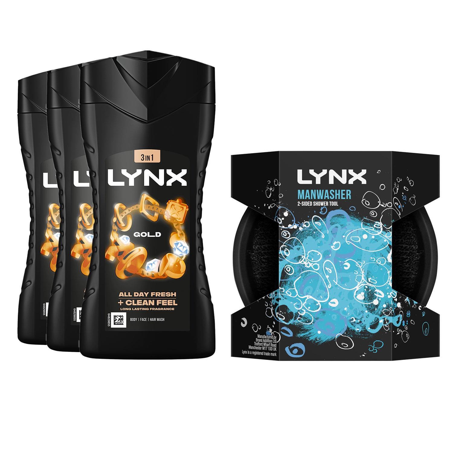 Lynx Gold Fragrance Body Wash 225Ml & Manwasher Shower Tool Bundle ¿ 3 Pack