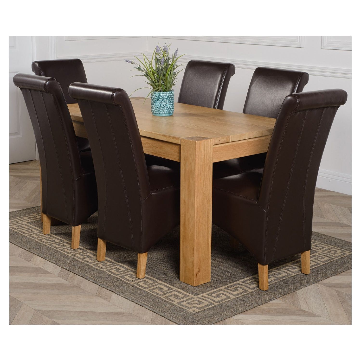 Thats Furniture Kuba 150 X 85Cm Chunky Medium Oak Dining Table And 6 Montana Leather Chairs - Brown