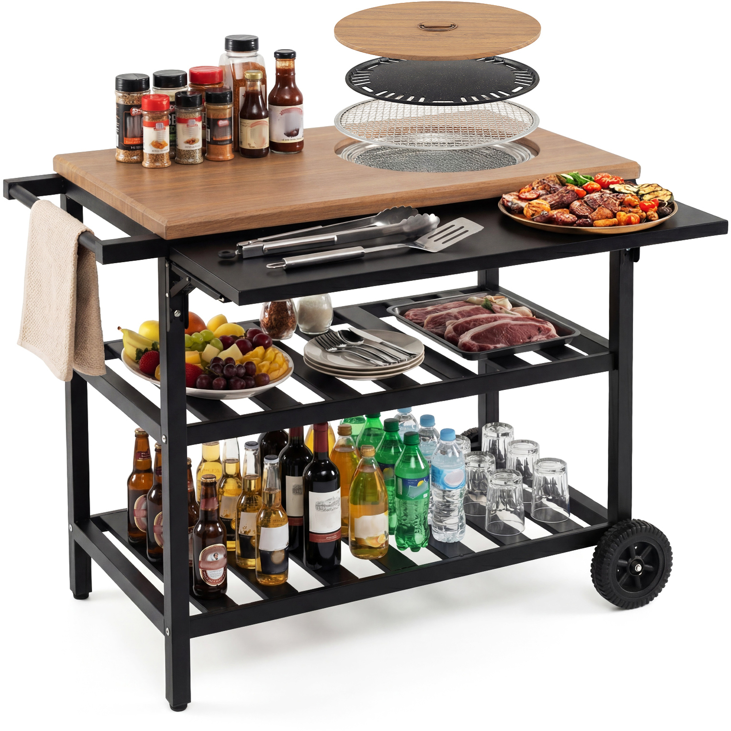 Outdoor Dining Cart with Korean BBQ Grill - Black