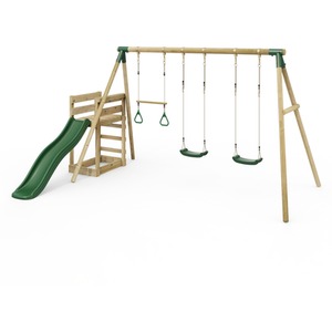 Wooden Triple Swing Set with Trapeze Bar and Slide - Comet