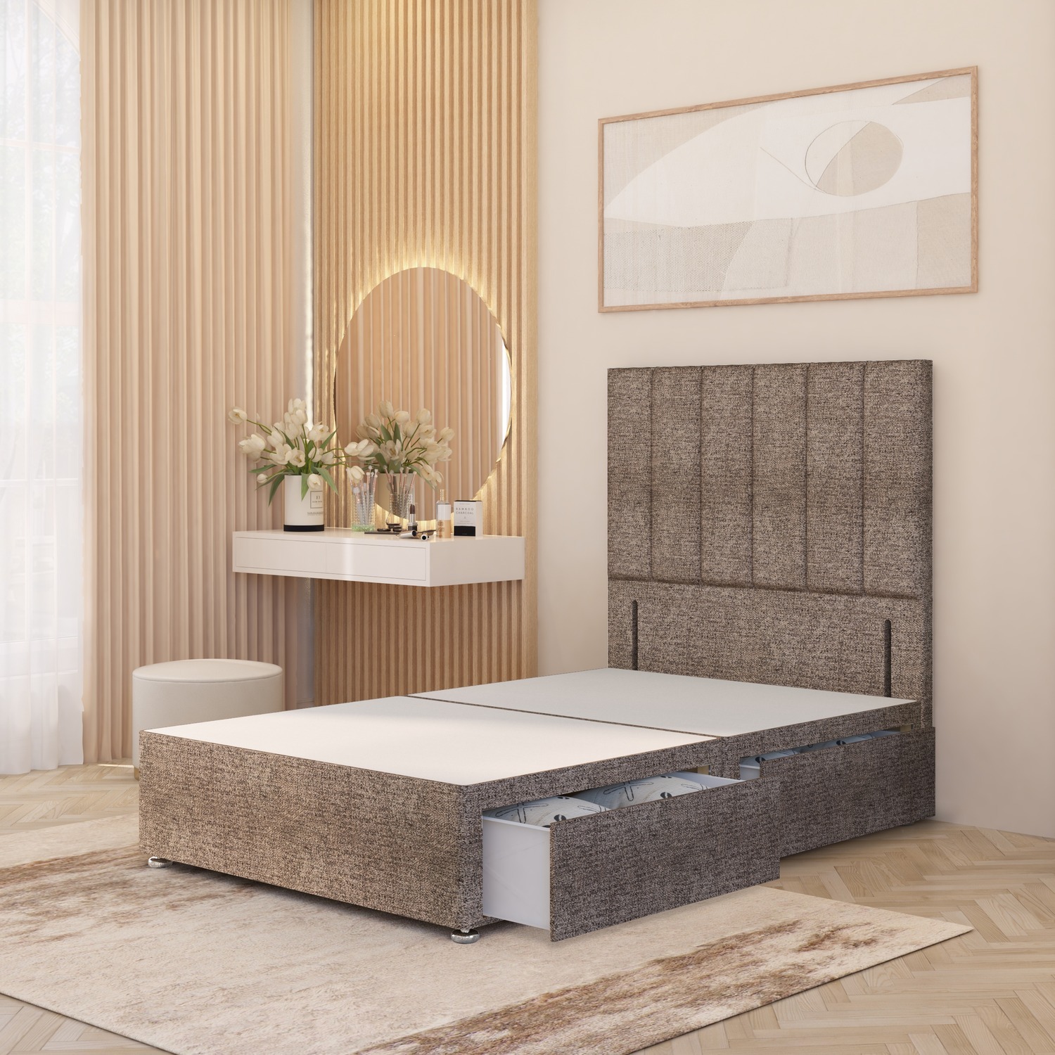 Austin Tweed Fabric Divan Bed Base With 54 Floor Standing Headboard - Coffee Double 54kg