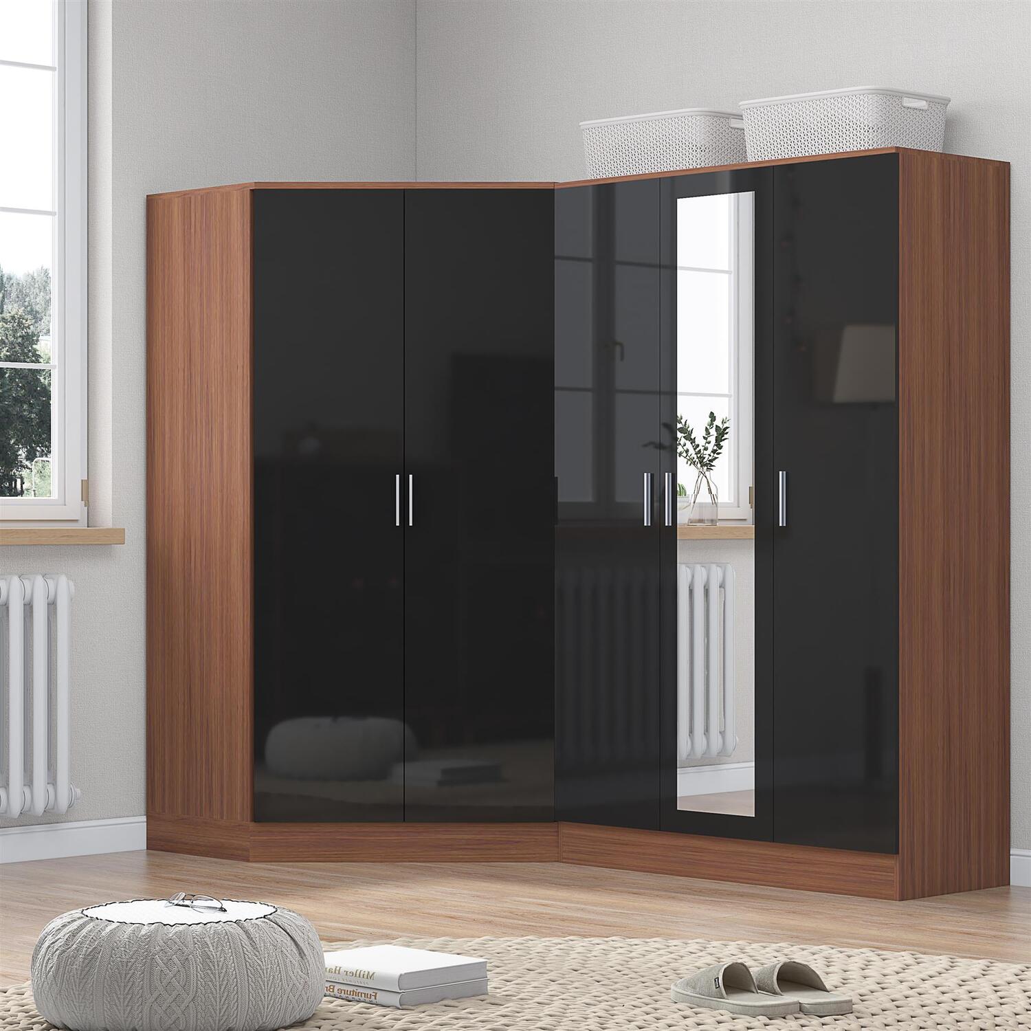REFLECT Black Gloss Wardrobe Bundle - Corner + 3 Door Mirror - Black / Walnut - Image 6