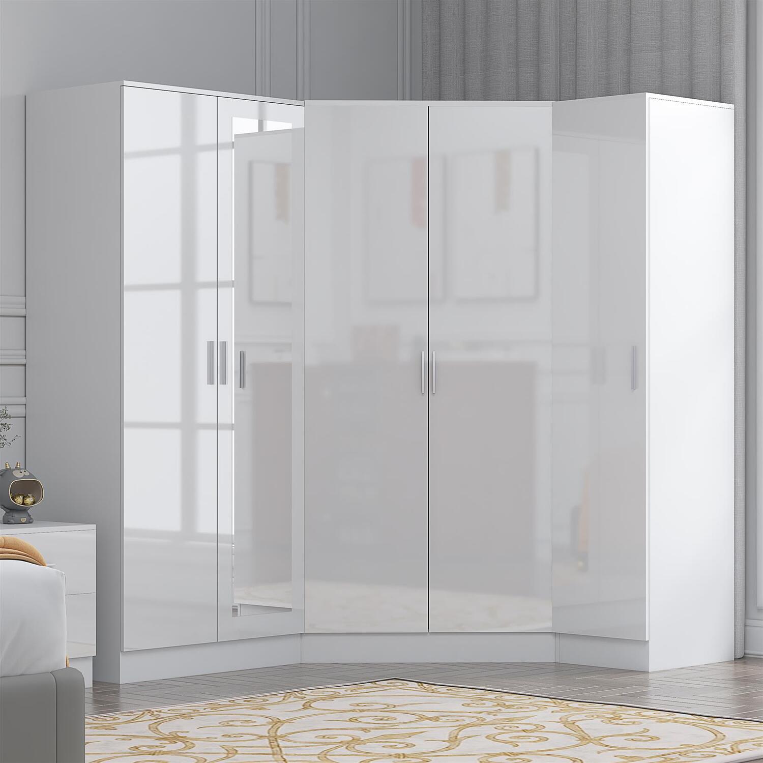 REFLECT 2 Door Corner + 2 Door Mirrored + 1 Door Plain Wardrobes - White / White - Image 6