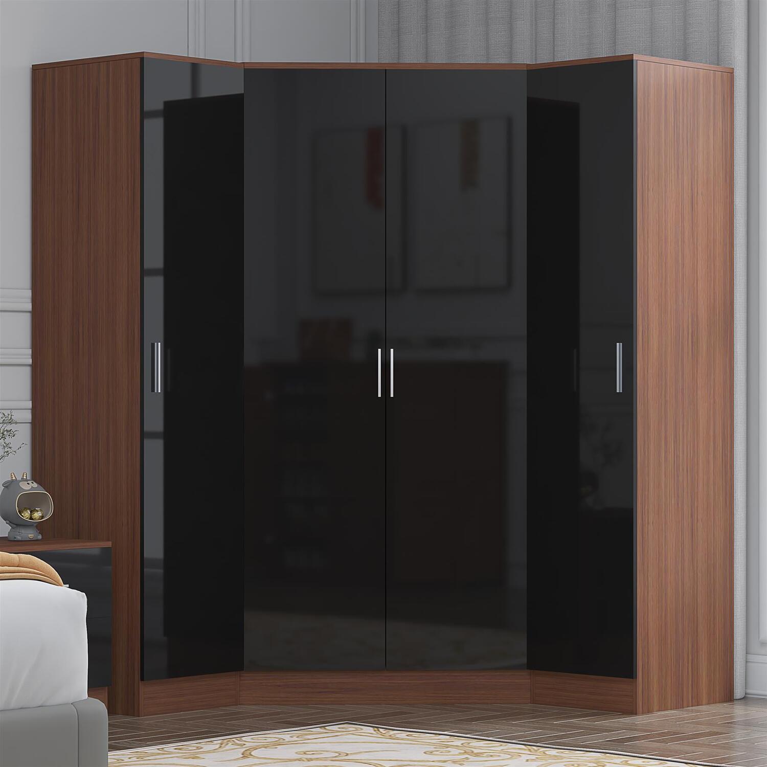 Reflect Wardrobe Bundle - 2 Door Corner + 2X 1 Door - Black Gloss / Walnut - Black Gloss / Matt Walnut